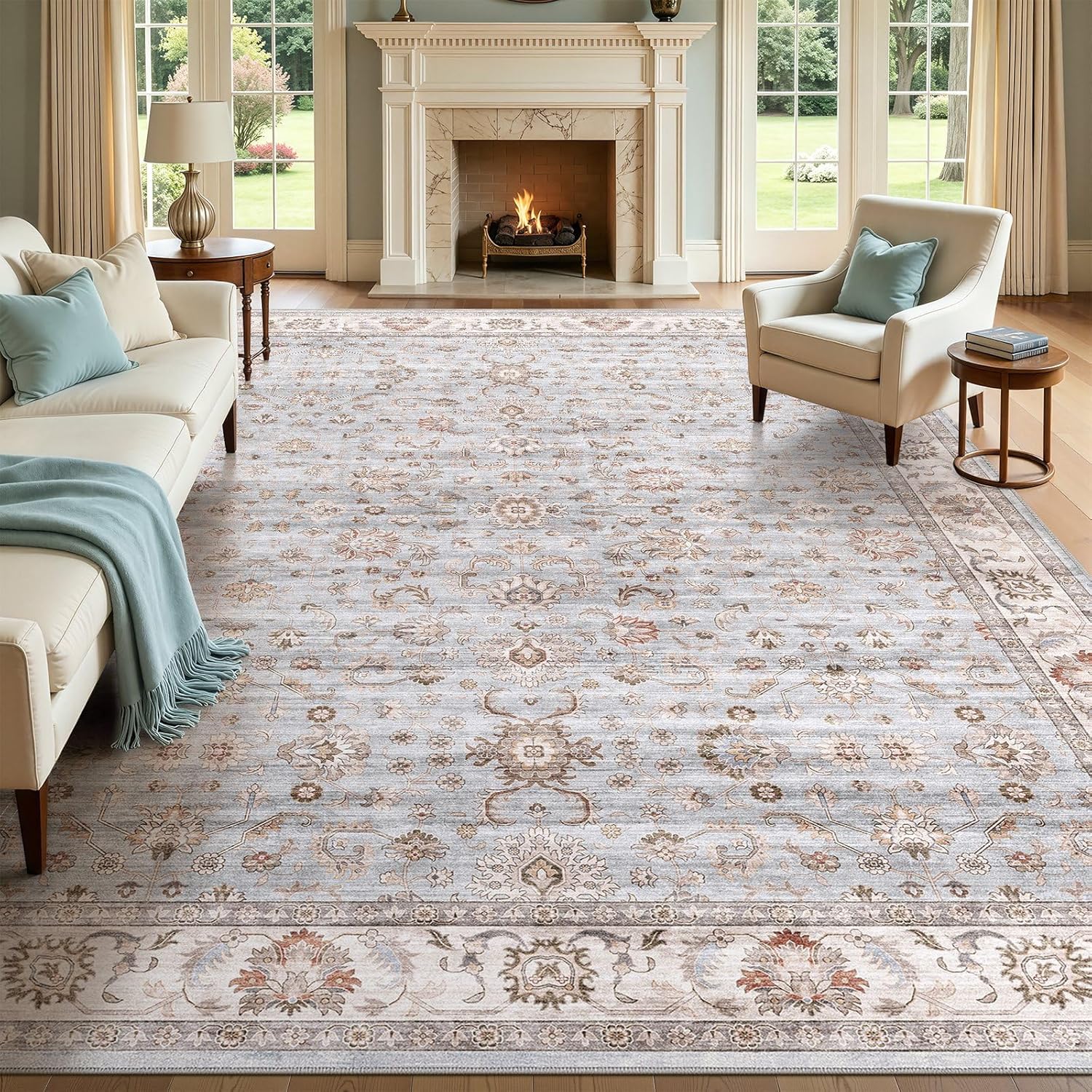 WITSHOCK 10x14 Area Rugs Living Room: Washable Large Neutral Vintage Soft Rug Stain Resistant Non-Slip Farmhouse Indoor Low Pile Floor Carpet for Bedroom Nursery Kids Office- Light Blue