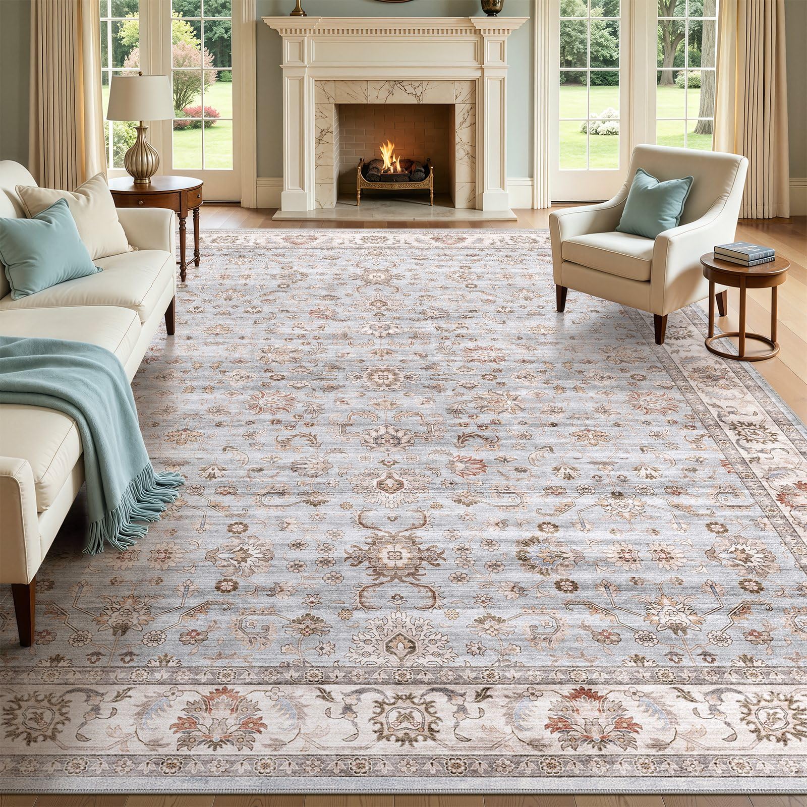 WITSHOCK 10x14 Area Rugs Living Room: Washable Large Neutral Vintage Soft Rug Stain Resistant Non-Slip Farmhouse Indoor Low Pile Floor Carpet for Bedroom Nursery Kids Office- Light Blue
