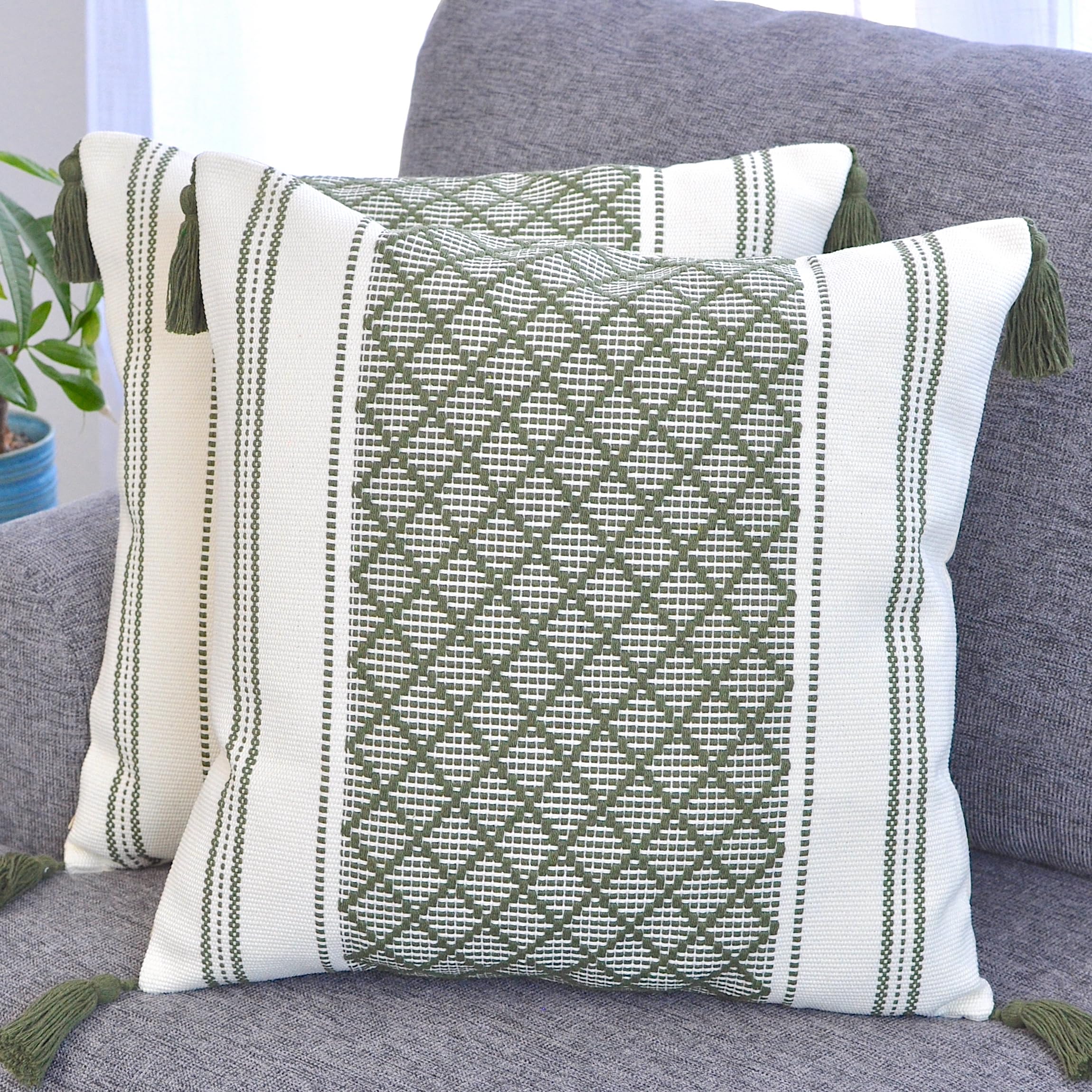 Boho Throw Pillow Covers with Tassels Navy Blue 16x16 inches Set of 2 Checkered Geometric Pattern/Decorative Square Pillow Covers for Couch Sofa Indoor Outdoor/Farmhouse Accent Pillow Cases