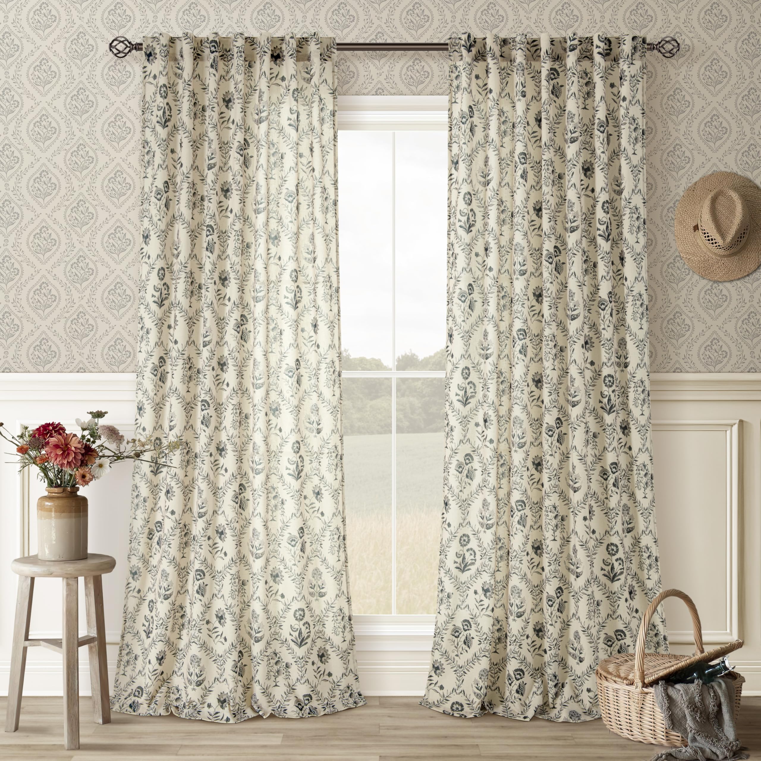 TWOPANELS Spring Farmhouse Floral Linen Curtains 84 Inch Length for Living Room Bedroom 2 Panels Semi Sheer Curtains Back Tab Tan Brown Patterned Flower on Beige Farmhouse Boho Rustic Window Drapes