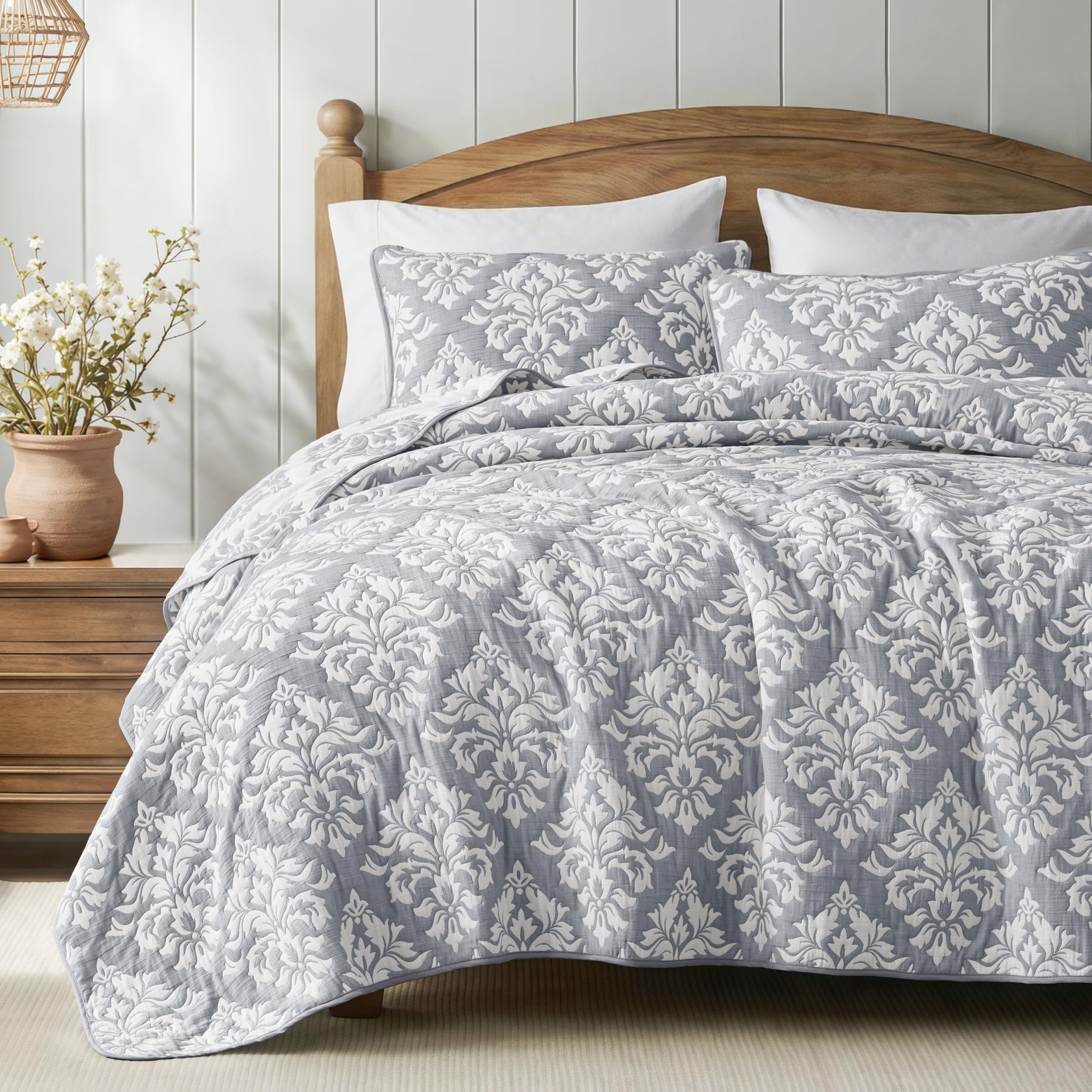 Exclusivo Mezcla Cotton Quilts Queen Size Beige, Soft Lightweight Bedspread Breathable Prewashed Bed Coverlet with 2 Pillow Shams, Boho Pattern Yarn Dyed Muslin Quilt Bedding Set for All Seasons