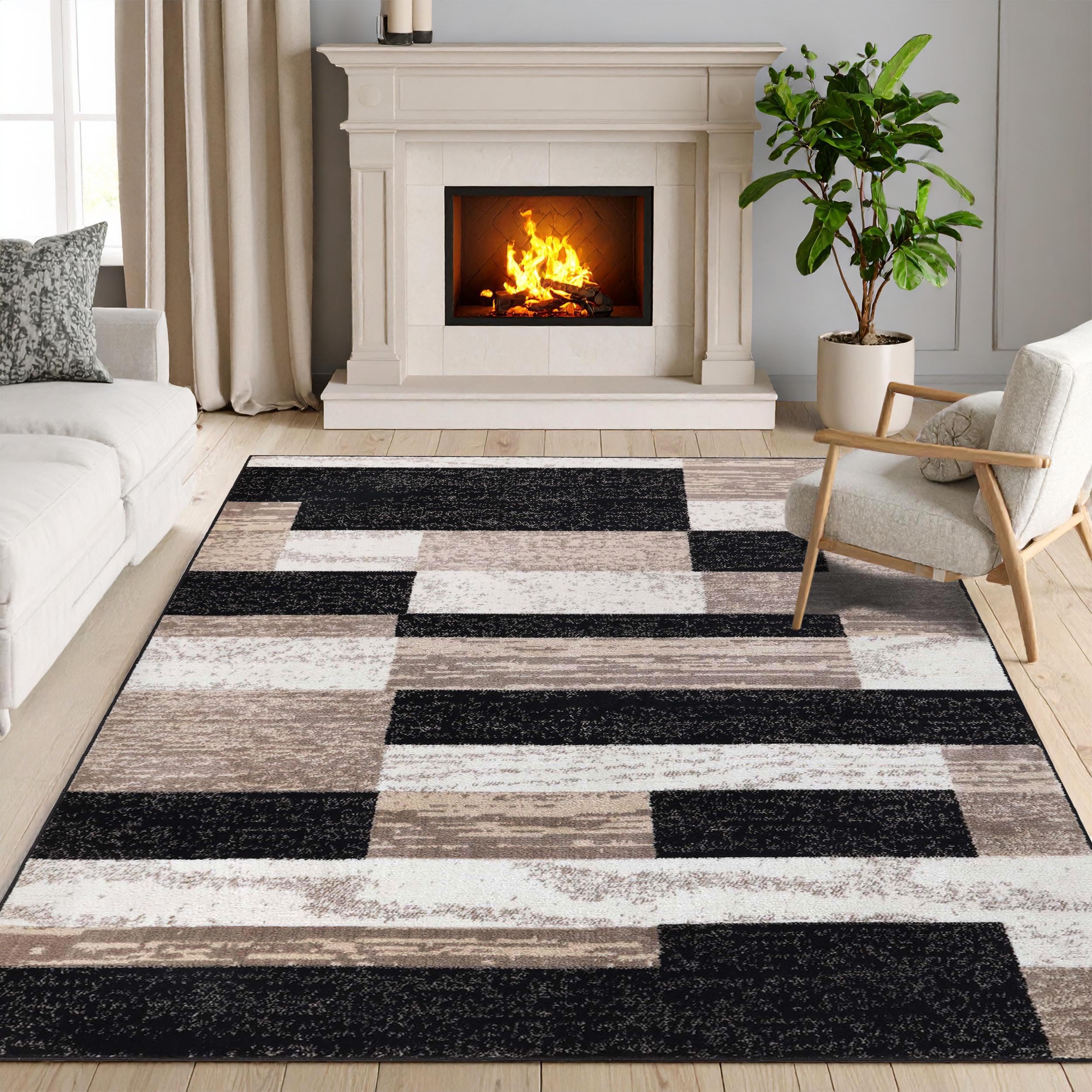 Superior Indoor Area Rug, Jute Backed, Modern Geometric Patchwork Floor Decor for Bedroom, Office, Living Room, Entryway, Kitchen, Hardwood Floors, Rockwood Collection, 3' x 5', Ivory-Beige