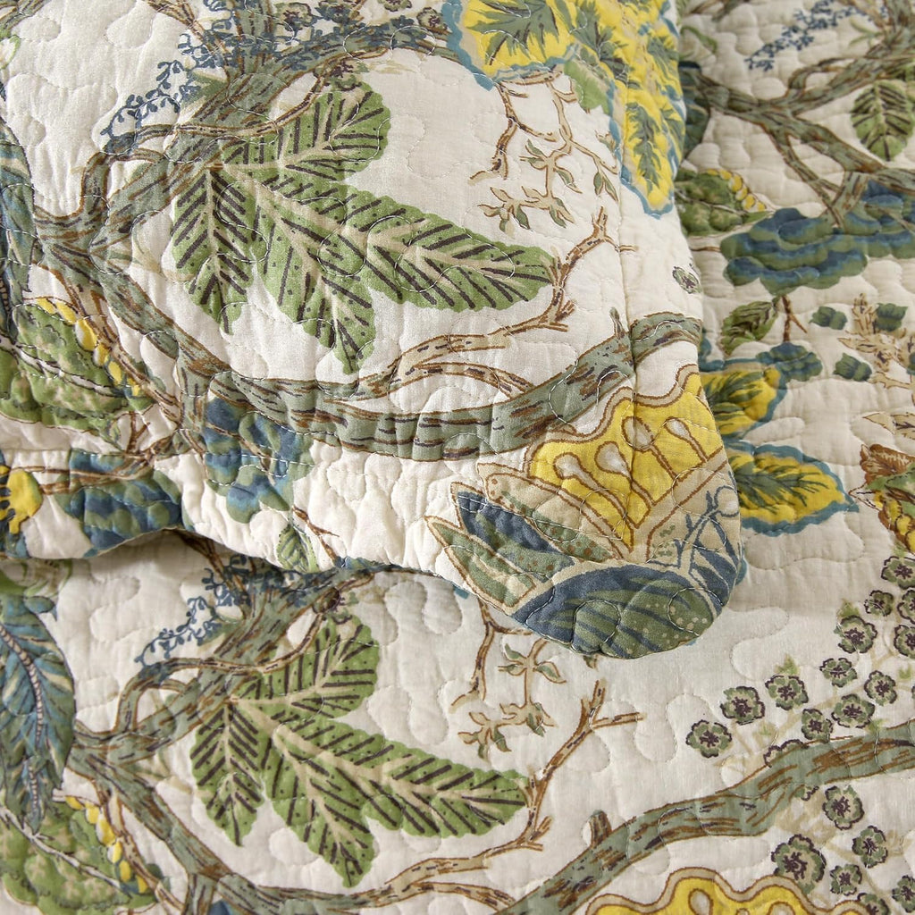 DURLENGEN Forest 100% Cotton Queen Quilt 3Pcs,Bohemian Reversible Leaves & Flowers Pattern on White, Luxury Lightweight Coverlet Sets for All Season(Queen 90x96,Forest)