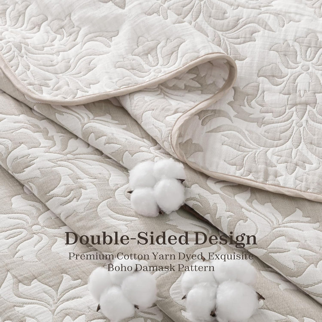 Exclusivo Mezcla Cotton Quilts Queen Size Beige, Soft Lightweight Bedspread Breathable Prewashed Bed Coverlet with 2 Pillow Shams, Boho Pattern Yarn Dyed Muslin Quilt Bedding Set for All Seasons