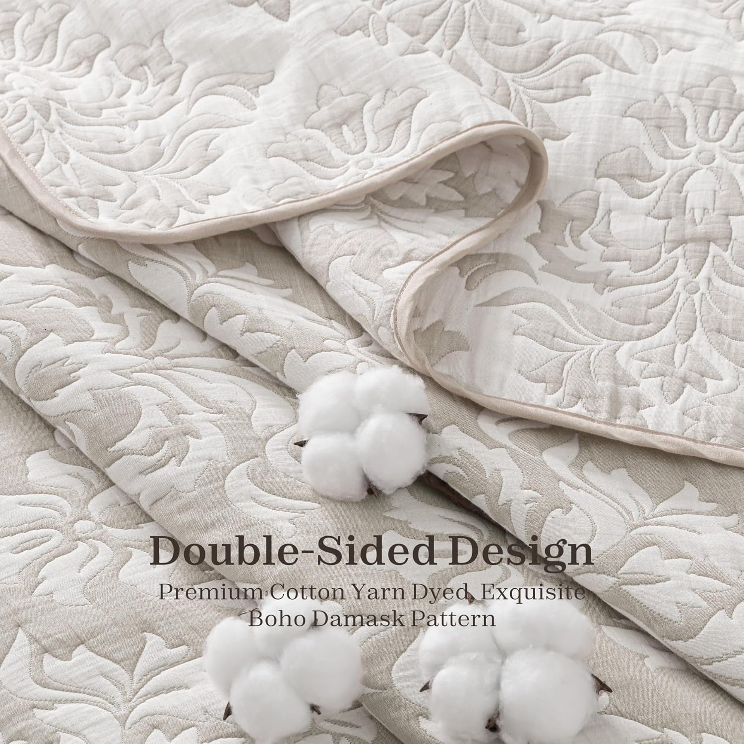 Exclusivo Mezcla Cotton Quilts Queen Size Beige, Soft Lightweight Bedspread Breathable Prewashed Bed Coverlet with 2 Pillow Shams, Boho Pattern Yarn Dyed Muslin Quilt Bedding Set for All Seasons