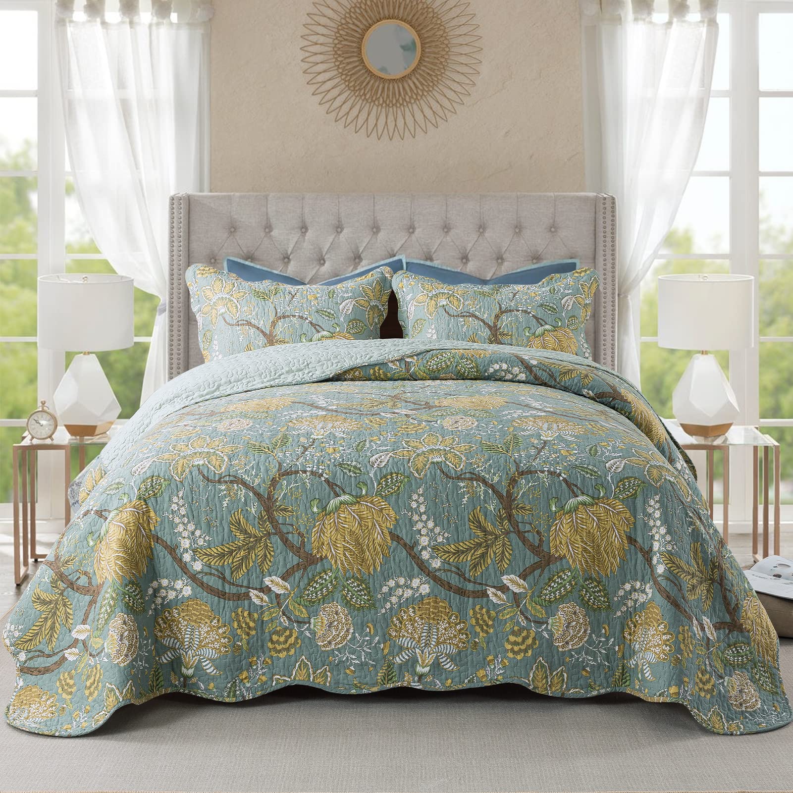NEWLAKE Quilt Set Queen Size, 100% Cotton Patchwork Green Bohemian Quilt Sets, Reversible Bedspread Lightweight and Breathable for All Seasons, Soft Quilted Bedspread with 2 Pillow Shams