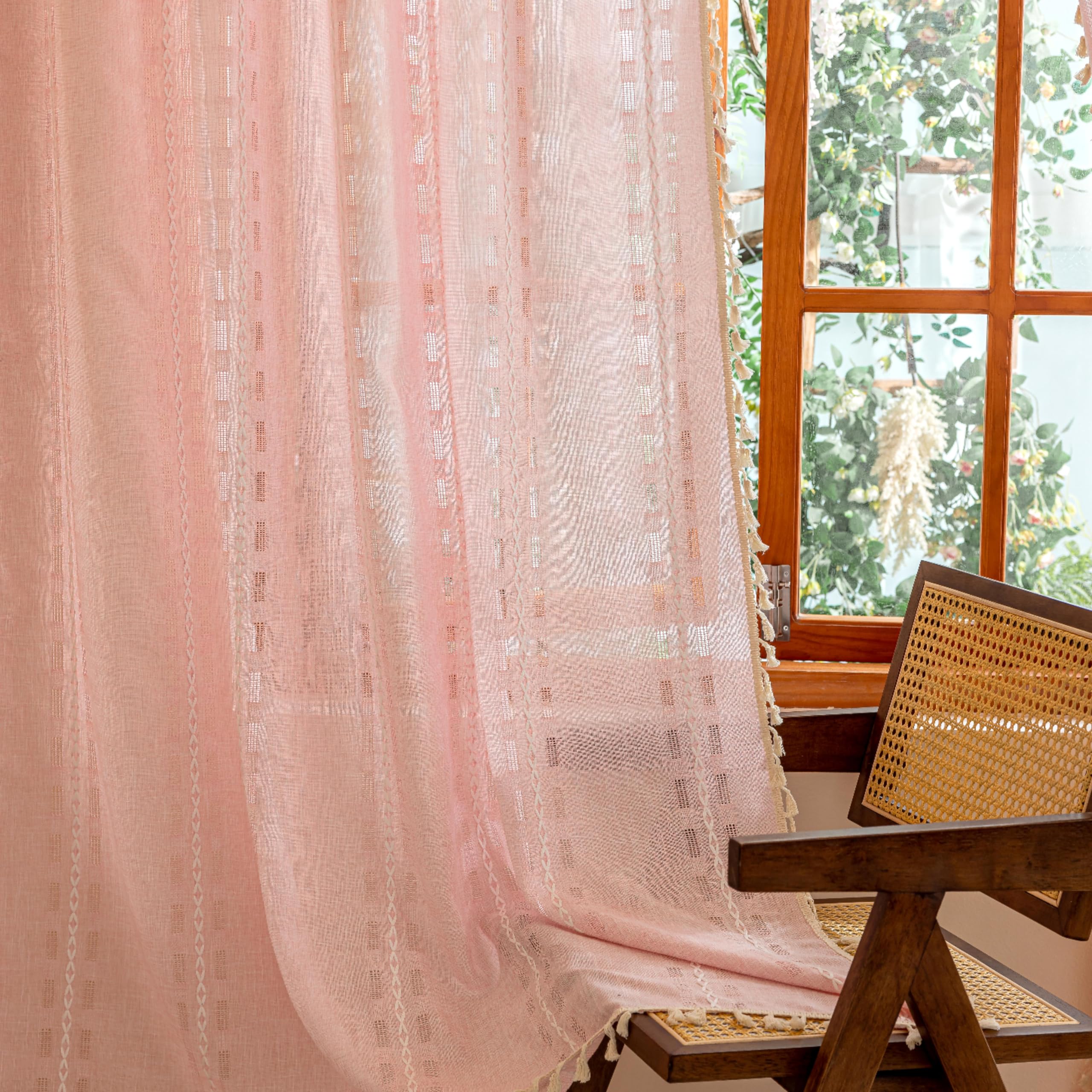 Blue Boho Sheer Curtains 72 inches Long 2 Panels for Bedroom, Light filtering Semi Sheer Bohemian French Country Privacy Tassels Vintage Chic Embroidery Stripes Window Curtains Back Tab, 50" W