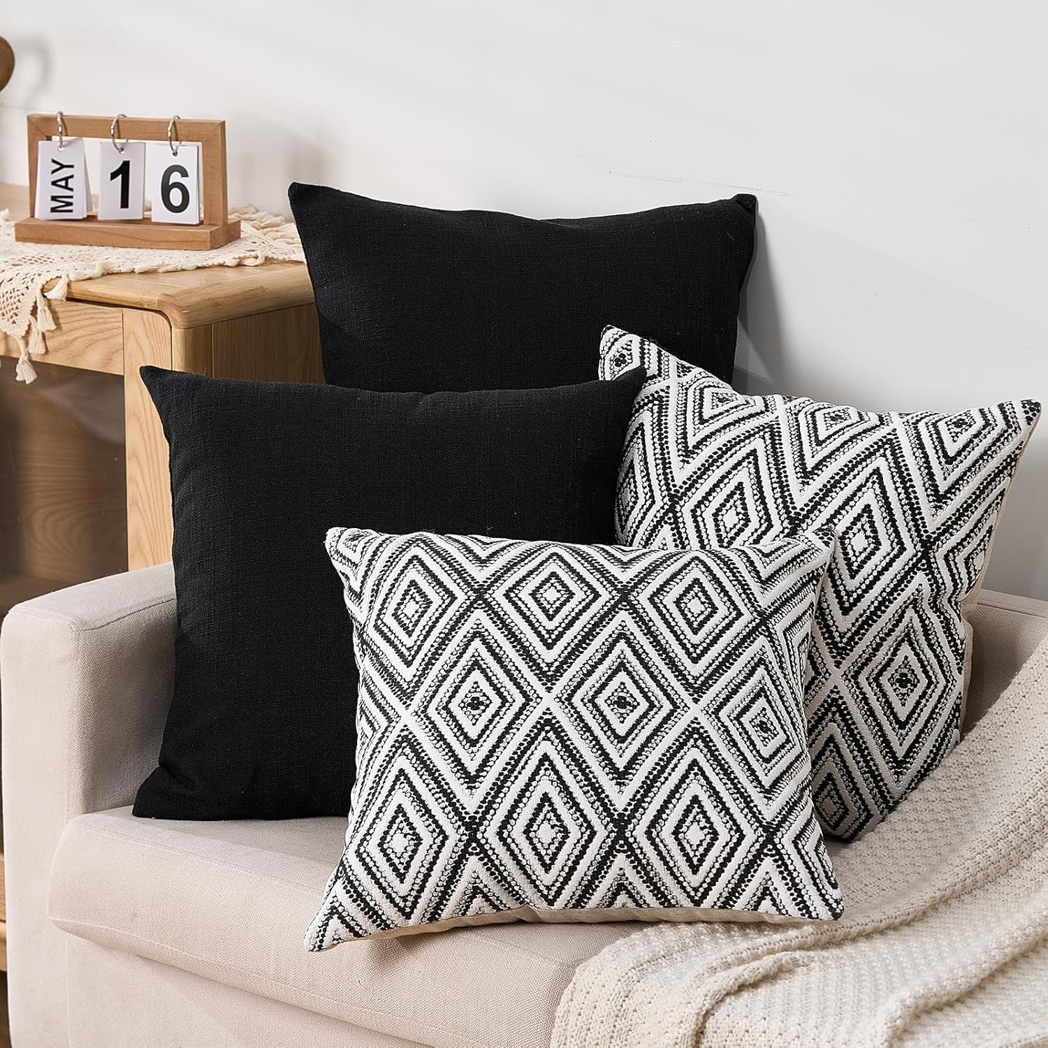 HPUK Decorative Throw Pillow Covers Set of 4 Geometric Design Linen Cushion Cover for Couch Sofa Living Room, 20"x20" inches, Black