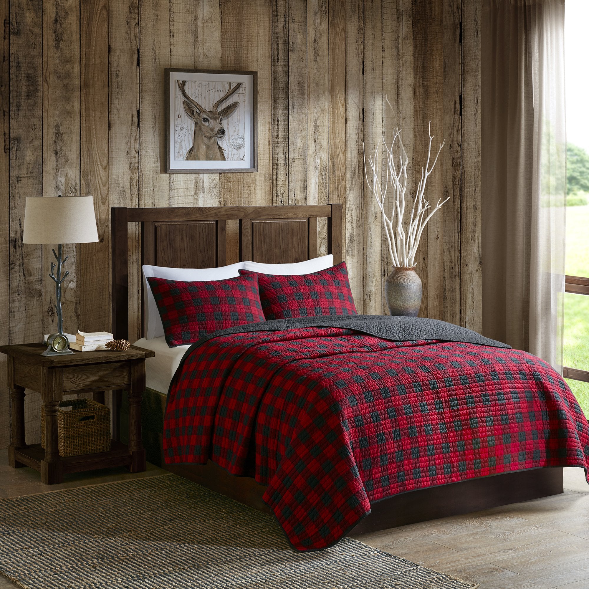 Woolrich Winter Plains Reversible Quilt Set - Cottage Styling Reversed to Solid Color, All Season Lightweight Coverlet, Cozy Bedding Layer, Matching Shams, Oversized Full/Queen, Stripes Taupe 3 Piece