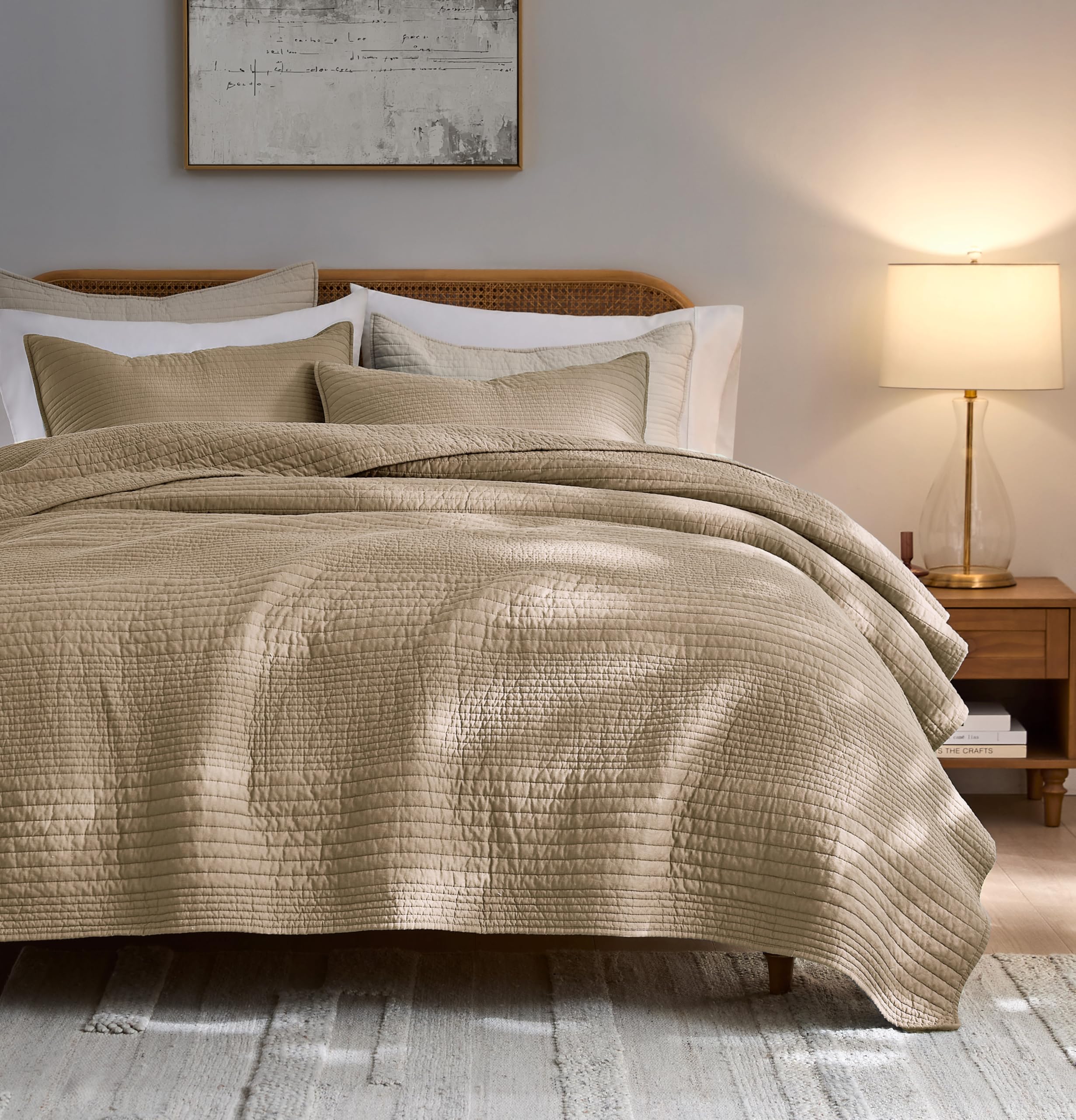 palassio Striped Blue Grey 100% Cotton Quilt King Size Bedding Sets, Lightweight Crinkly Channel Pick Stitch Textured Bedspread Soft Shabby Chic Farmhouse Country Coverlet for All Season, 2 Shams