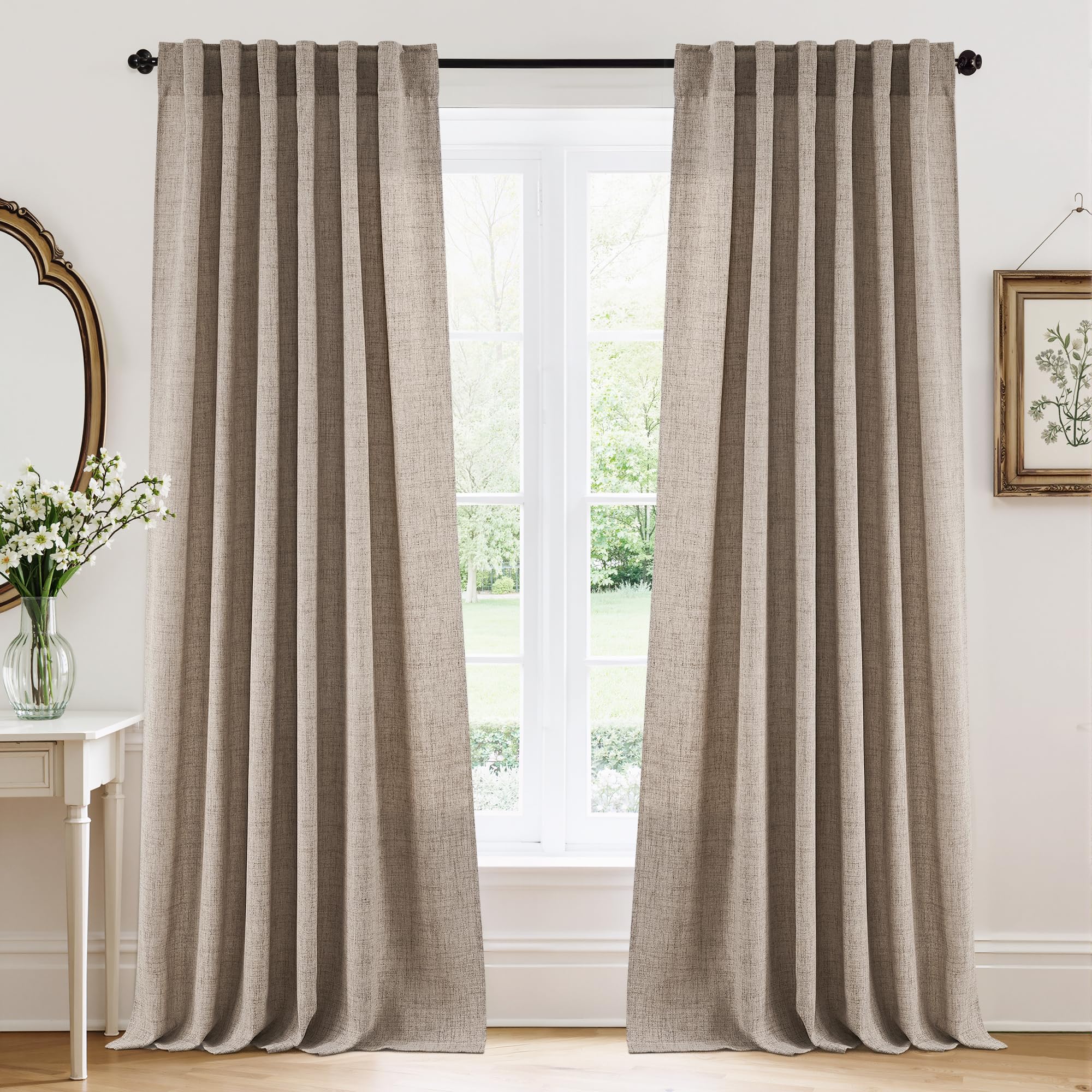RYB HOME Semi Sheer Curtains - Linen Blend Privacy Curtains Sheer Window Treatment Drapes Farmhouse Decor for Bedroom Living Room Sliding Glass Door, 52 inch Wide x 95 inch Long 2 Panels, Linen