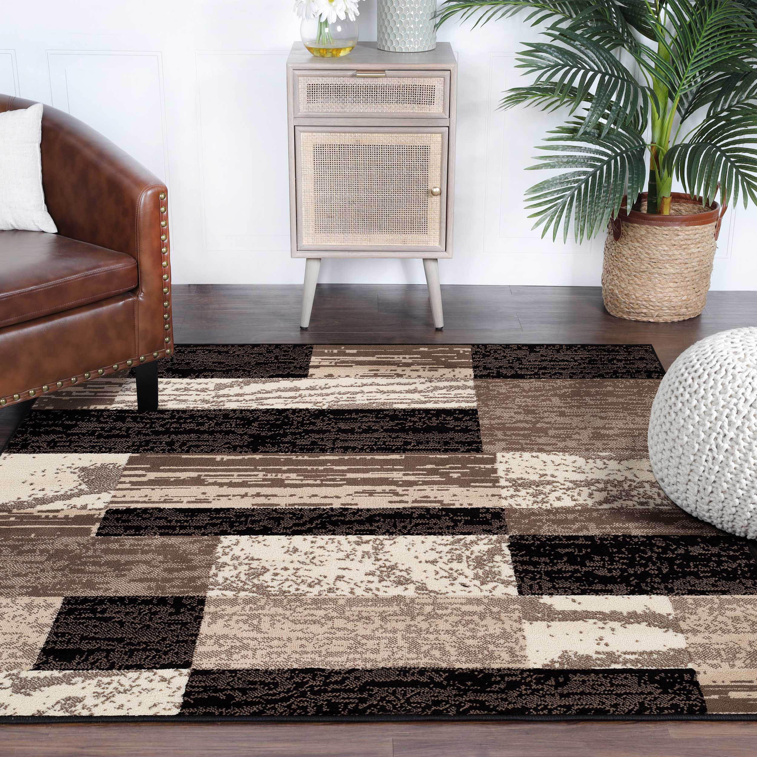 SUPERIOR Indoor Area Rug, Jute Backed, Modern Geometric Patchwork Floor Decor for Bedroom, Office, Living Room, Entryway, Hardwood Floors, Rockwood Collection, 4' x 6', Chocolate