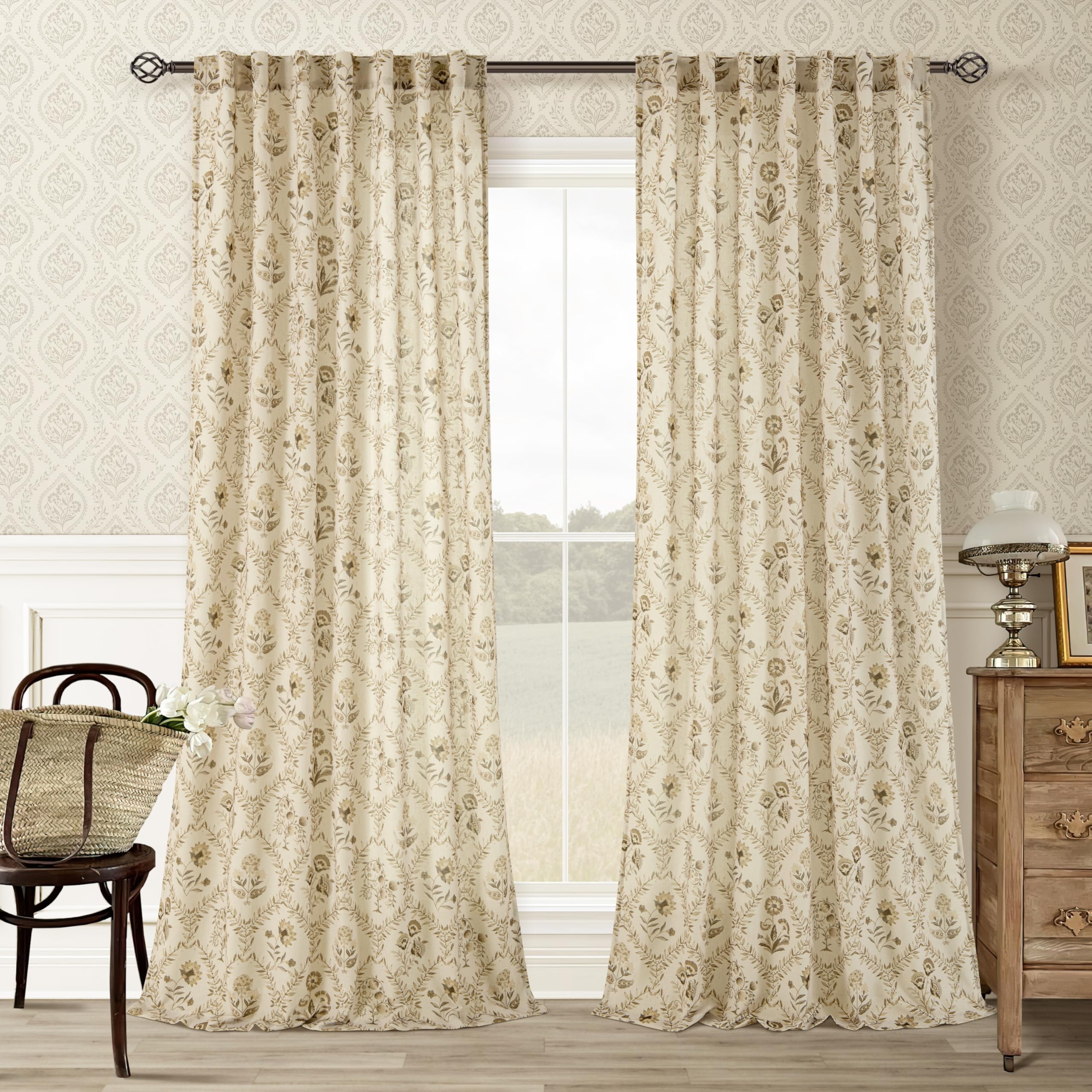 TWOPANELS Spring Farmhouse Floral Linen Curtains 84 Inch Length for Living Room Bedroom 2 Panels Semi Sheer Curtains Back Tab Tan Brown Patterned Flower on Beige Farmhouse Boho Rustic Window Drapes