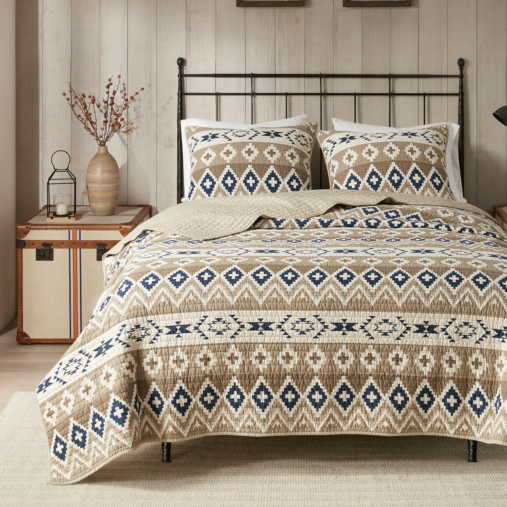 Woolrich Winter Plains Reversible Quilt Set - Cottage Styling Reversed to Solid Color, All Season Lightweight Coverlet, Cozy Bedding Layer, Matching Shams, Oversized Full/Queen, Stripes Taupe 3 Piece