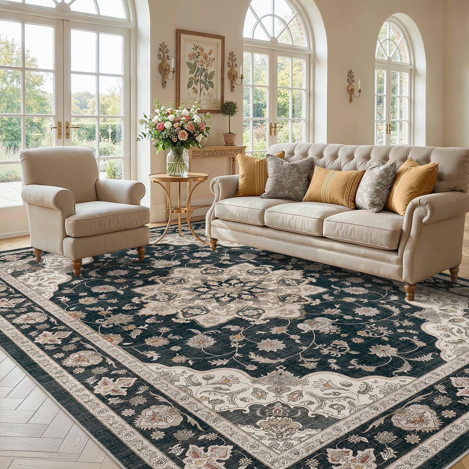 WITSHOCK 10x14 Area Rugs Living Room: Washable Large Neutral Vintage Soft Rug Stain Resistant Non-Slip Farmhouse Indoor Low Pile Floor Carpet for Bedroom Nursery Kids Office- Light Blue