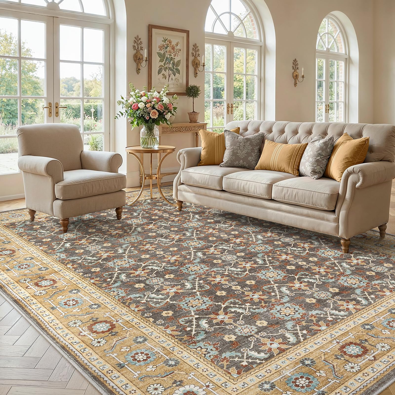 WITSHOCK 10x14 Area Rugs Living Room: Washable Large Neutral Vintage Soft Rug Stain Resistant Non-Slip Farmhouse Indoor Low Pile Floor Carpet for Bedroom Nursery Kids Office- Light Blue
