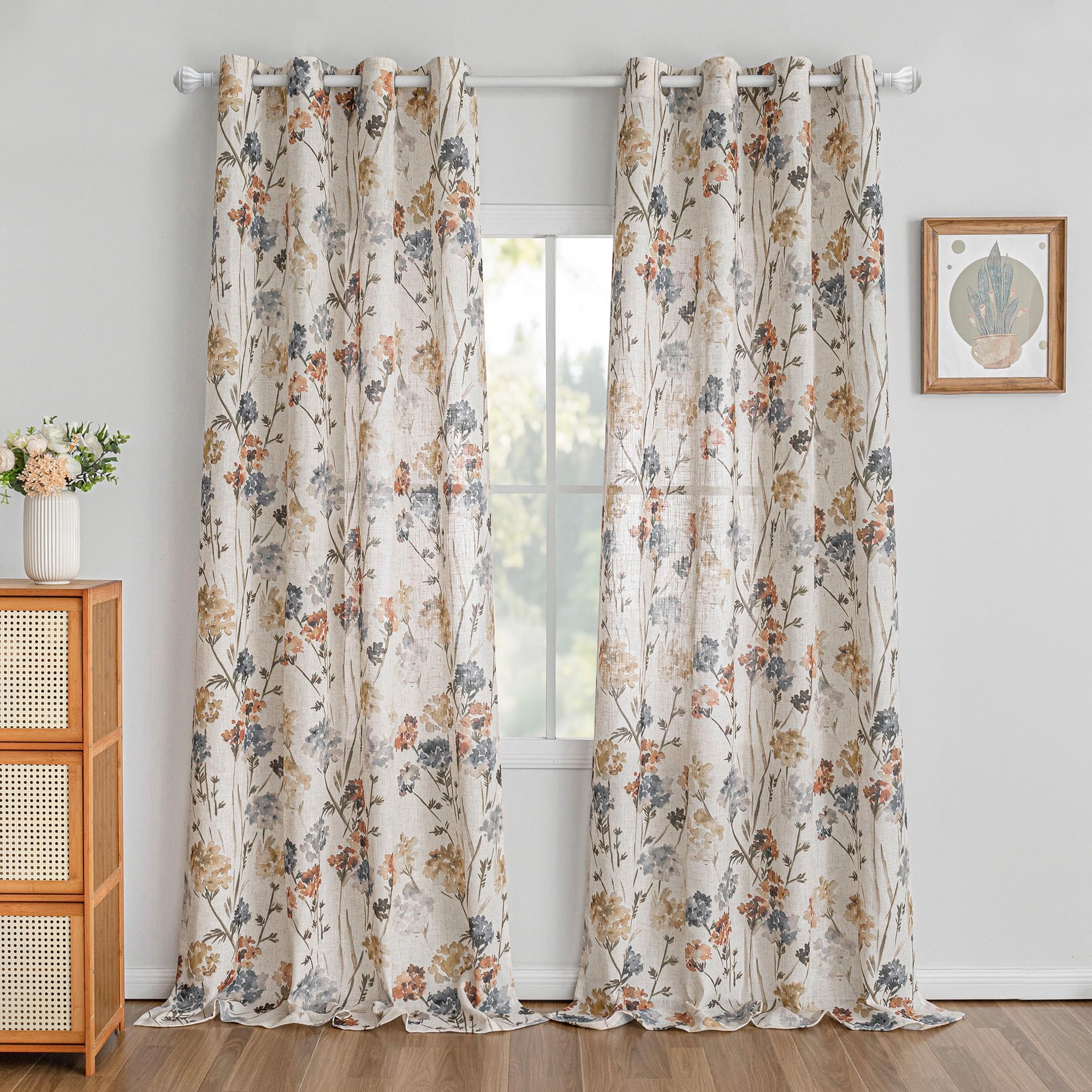 MYSKY HOME Floral Curtains for Living Room Linen Look Semi Sheer Vertical Light Filtering Privacy Drapes Decor Farmhouse Style Texture for Bedroom Dining Room, Brown, W52 x L84, Pack-2