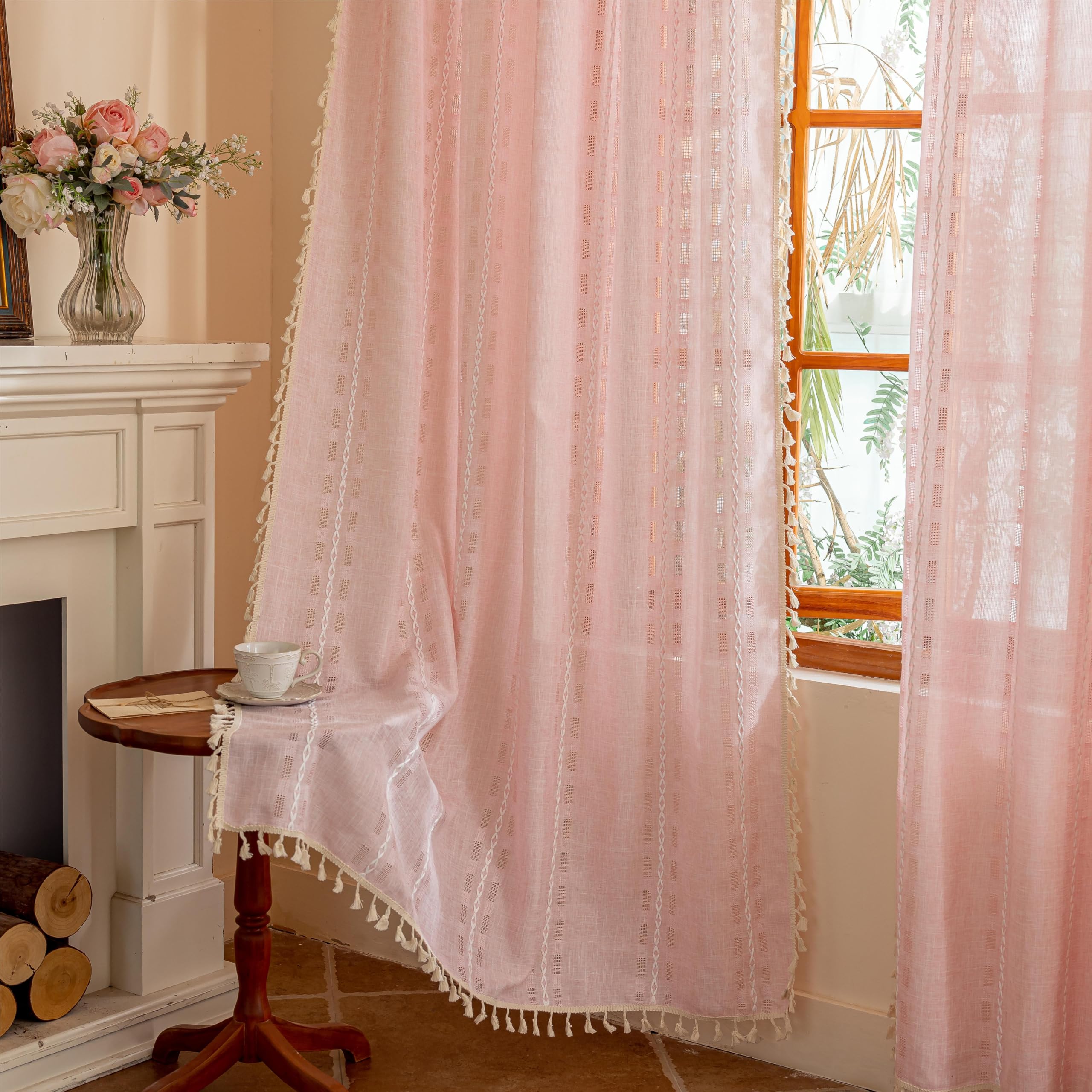 Blue Boho Sheer Curtains 72 inches Long 2 Panels for Bedroom, Light filtering Semi Sheer Bohemian French Country Privacy Tassels Vintage Chic Embroidery Stripes Window Curtains Back Tab, 50" W