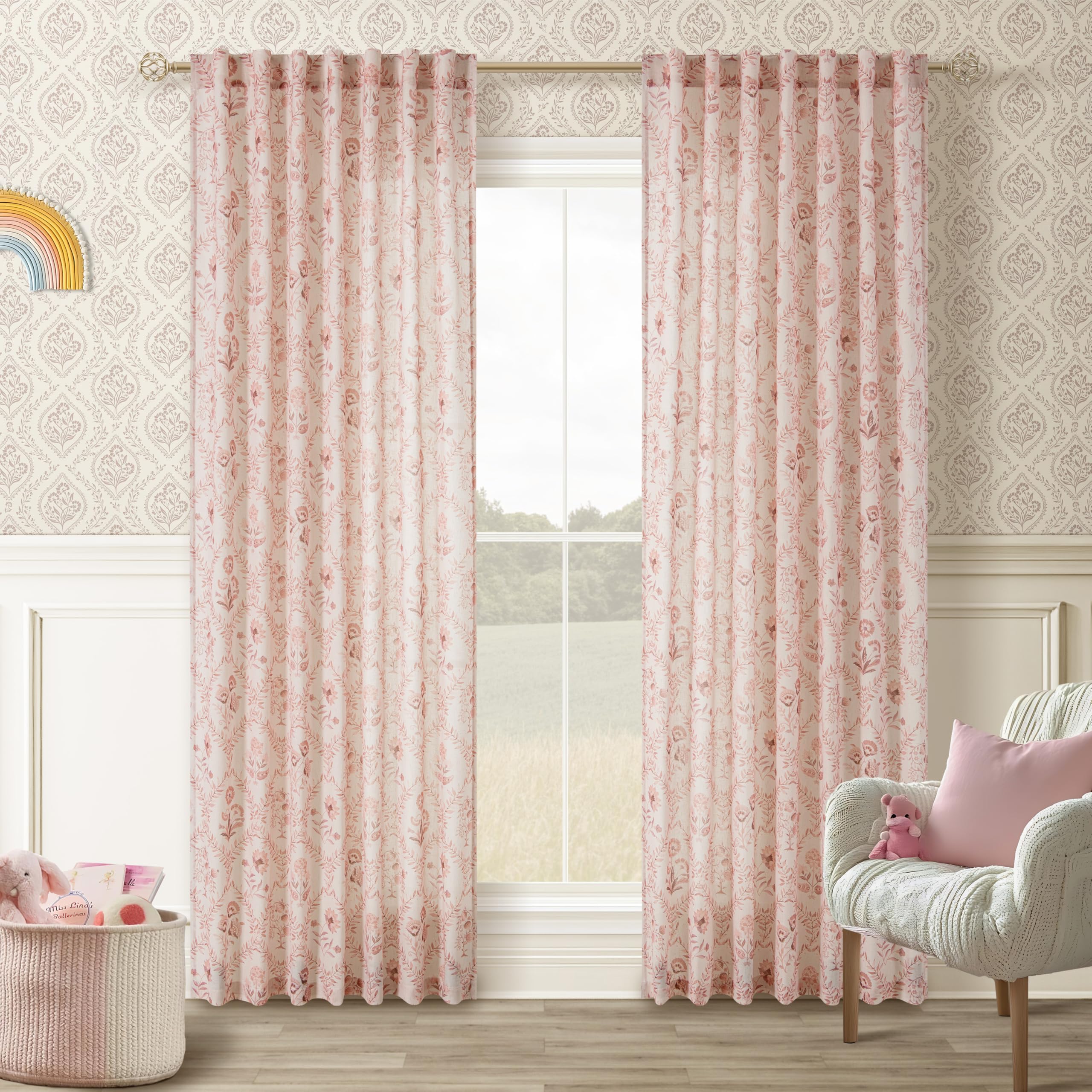 TWOPANELS Spring Farmhouse Floral Linen Curtains 84 Inch Length for Living Room Bedroom 2 Panels Semi Sheer Curtains Back Tab Tan Brown Patterned Flower on Beige Farmhouse Boho Rustic Window Drapes