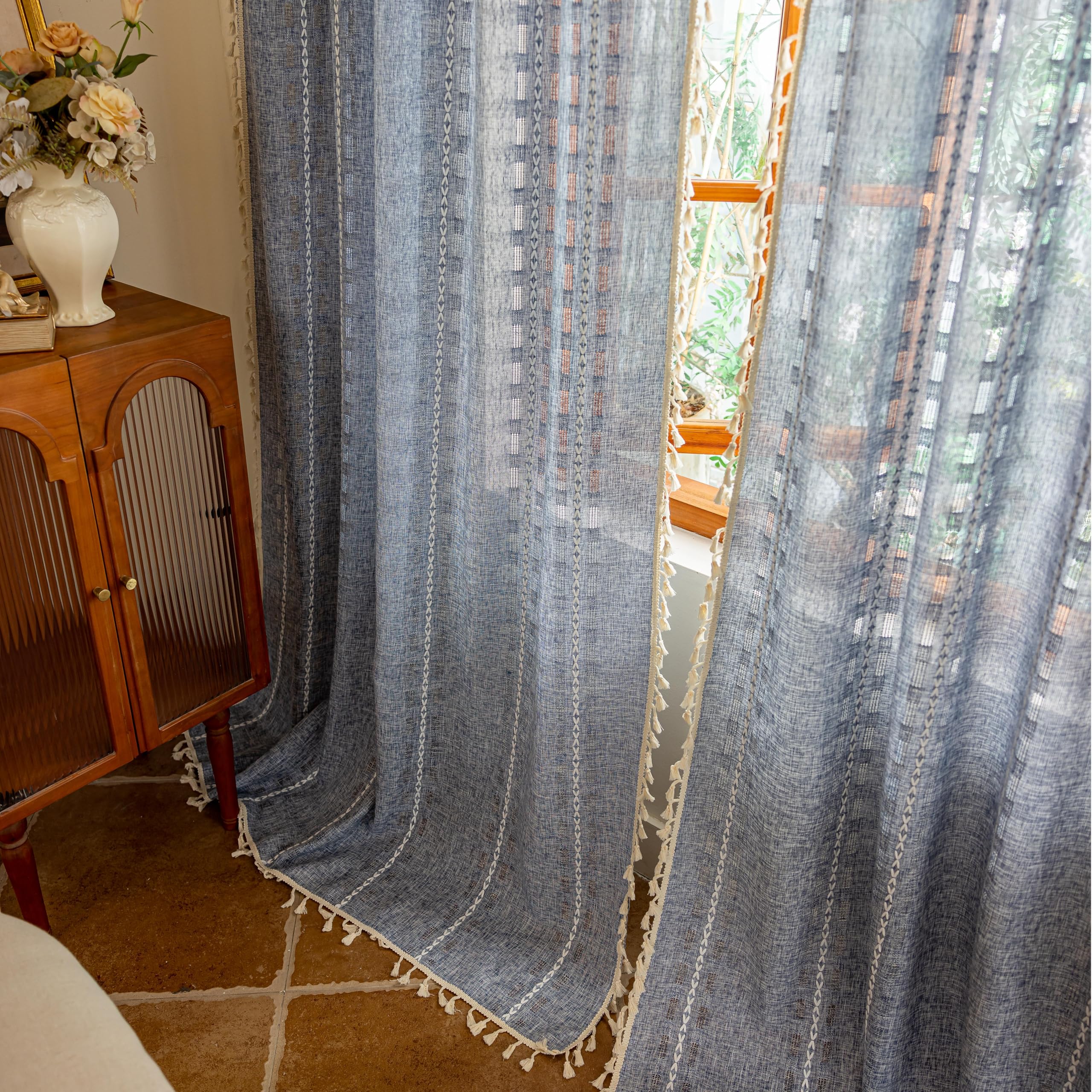 Blue Boho Sheer Curtains 72 inches Long 2 Panels for Bedroom, Light filtering Semi Sheer Bohemian French Country Privacy Tassels Vintage Chic Embroidery Stripes Window Curtains Back Tab, 50" W