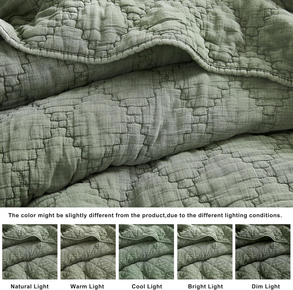 palassio Olive Green Queen Size Quilt Set, Muslin Cotton Shell Down-Alt Poly Filling, Soft Shabby Chic Rustic Farmhouse Country Bedspread, Textured Gauze Coverlet, Lightweight Bedding, 2 Shams