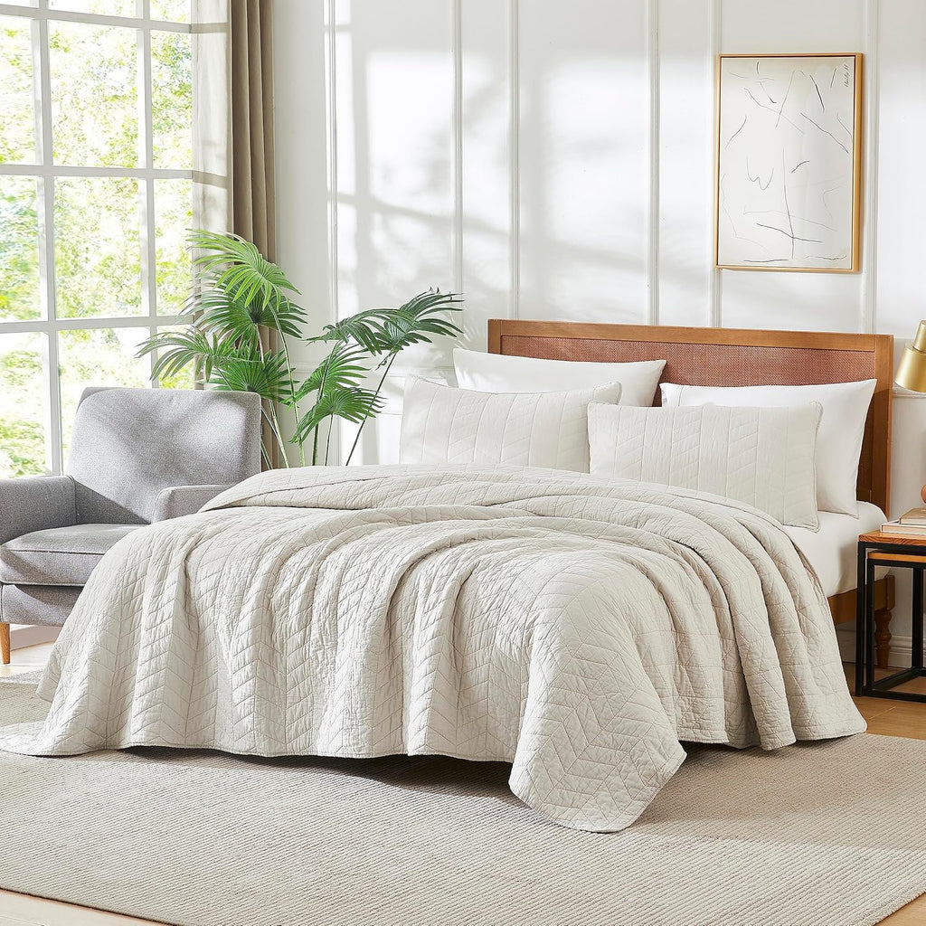 palassio Beige Cotton Quilt Queen Size Bedding Sets with Pillow Shams, White Lightweight Soft Bedspread Coverlet, Tan Cream Quilted Comforter Bed Cover for All Season, 3 Pieces, 90x96 inches