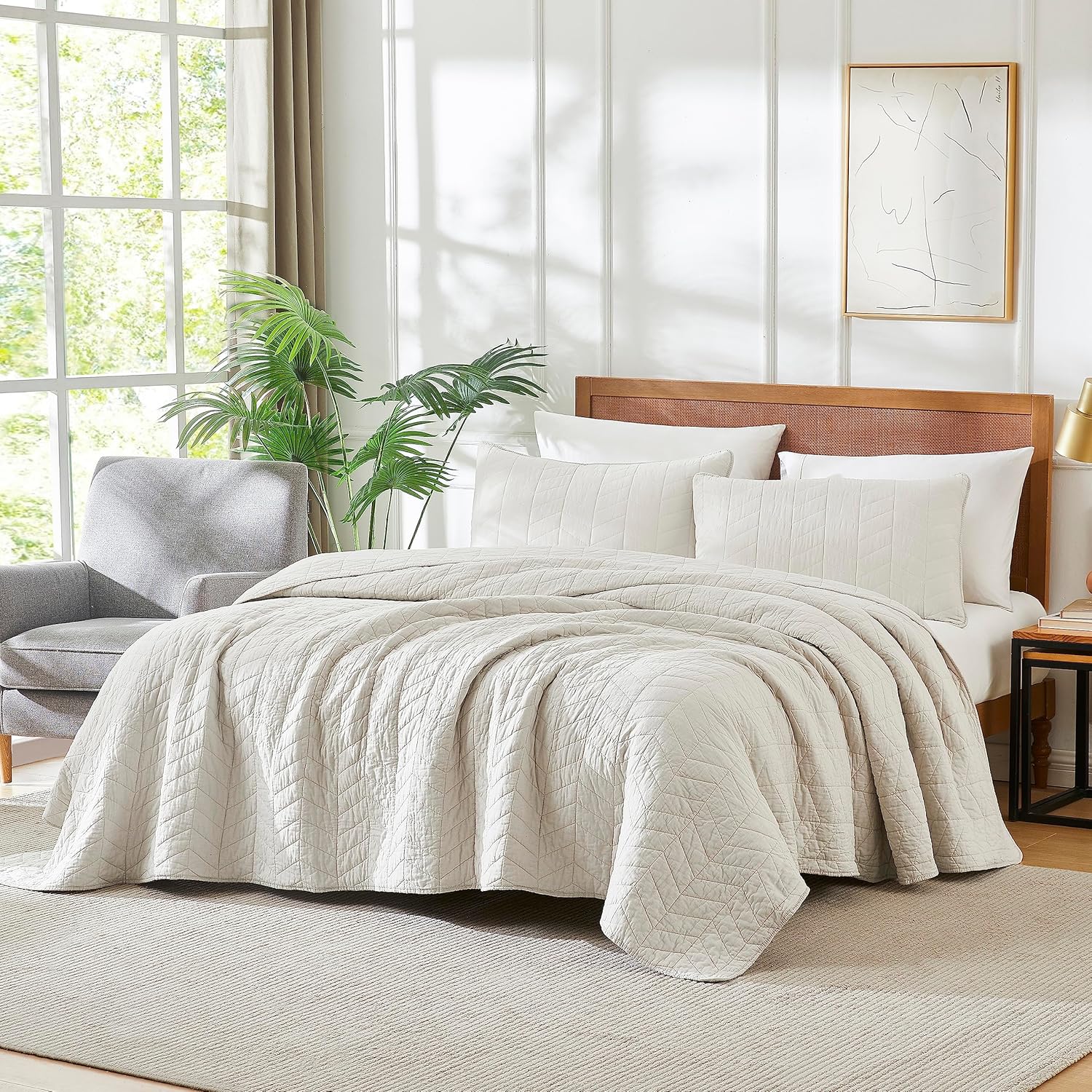 palassio Beige Cotton Quilt Queen Size Bedding Sets with Pillow Shams, White Lightweight Soft Bedspread Coverlet, Tan Cream Quilted Comforter Bed Cover for All Season, 3 Pieces, 90x96 inches