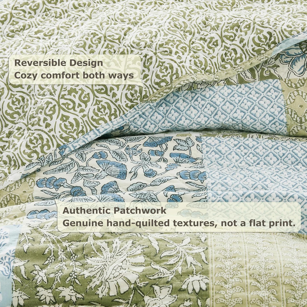 WDCOZY 100% Cotton Reversible Patchwork Quilt Queen Size, Lightweight Farmhouse Vintage Shabby Chic Bedding Set with 2 Pillow Shams, Green Floral Printed Pattern Bedspread Coverlet for All Seasons
