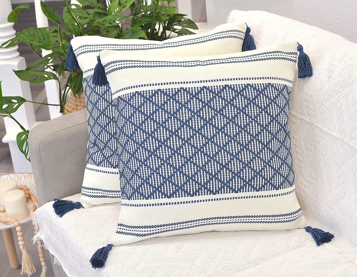 Boho Throw Pillow Covers with Tassels Navy Blue 16x16 inches Set of 2 Checkered Geometric Pattern/Decorative Square Pillow Covers for Couch Sofa Indoor Outdoor/Farmhouse Accent Pillow Cases