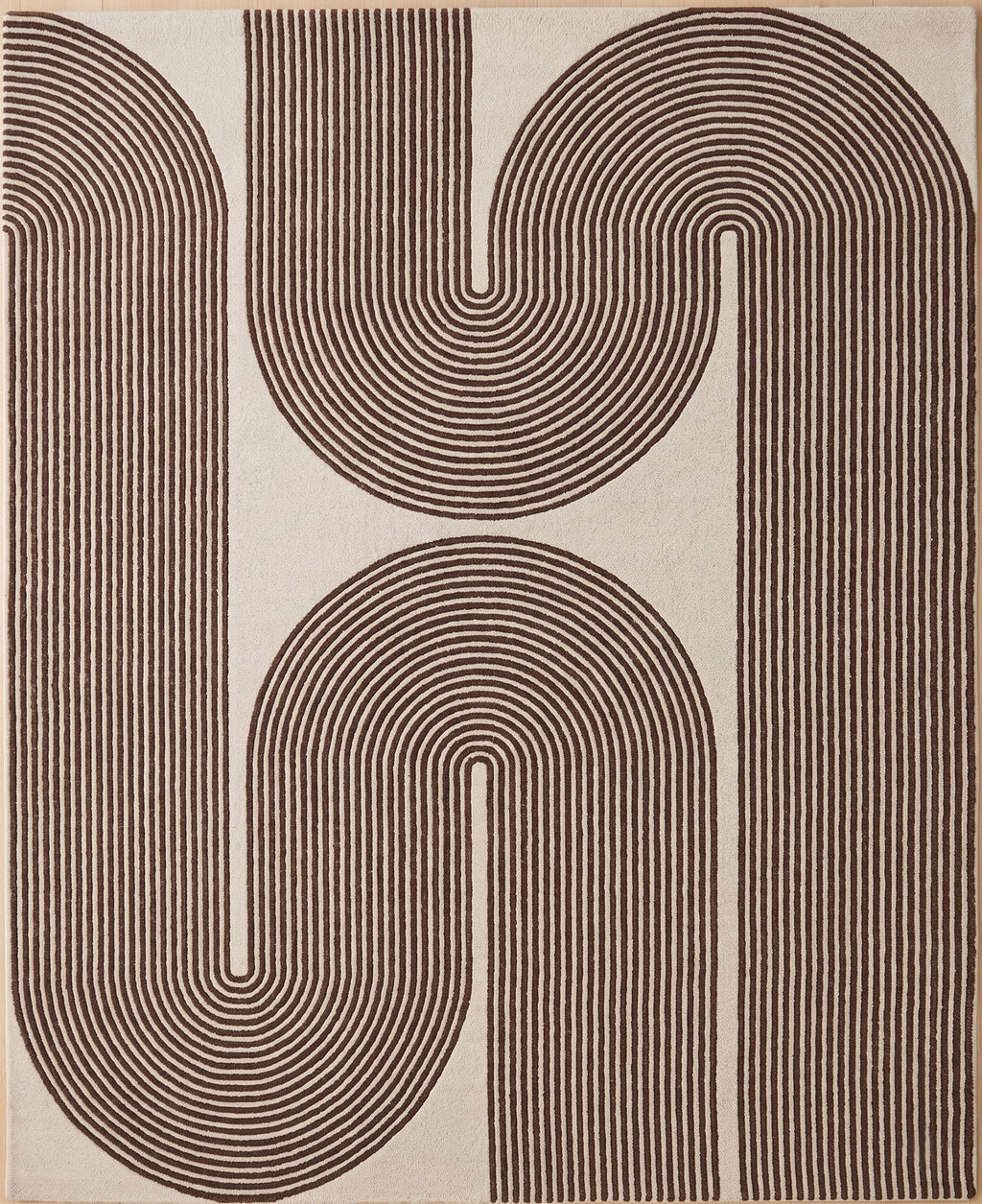 Modern Handmade Wool Area Rug, Abstract Curved Line Geometric Carpet for Living Room Bedroom, Contemporary Tufted Indoor Rug with Soft Pile and Cotton Backing (Gold, 5' x 8')