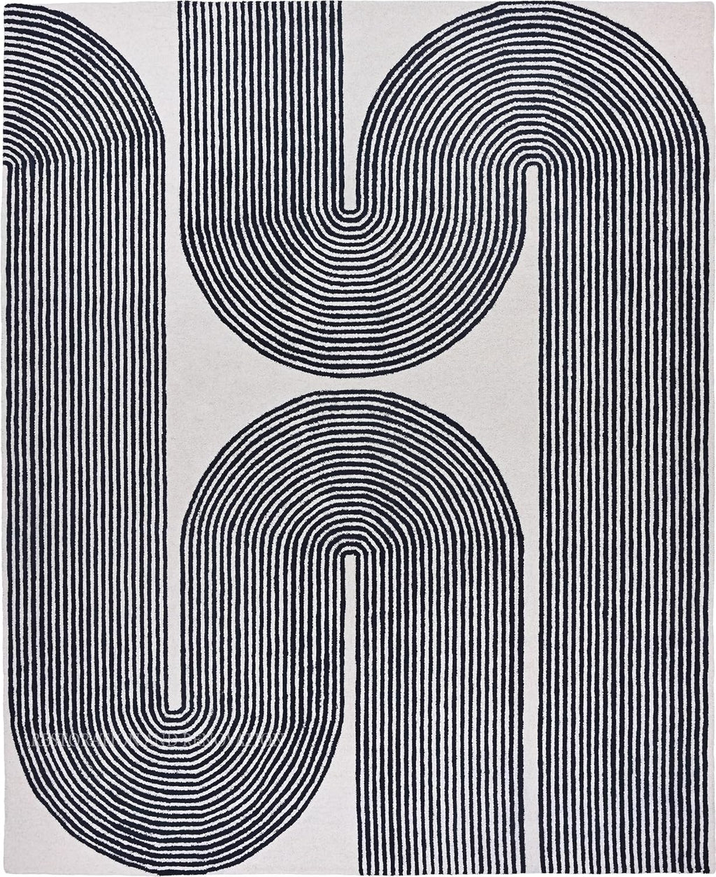 Modern Handmade Wool Area Rug, Abstract Curved Line Geometric Carpet for Living Room Bedroom, Contemporary Tufted Indoor Rug with Soft Pile and Cotton Backing (Gold, 5' x 8')