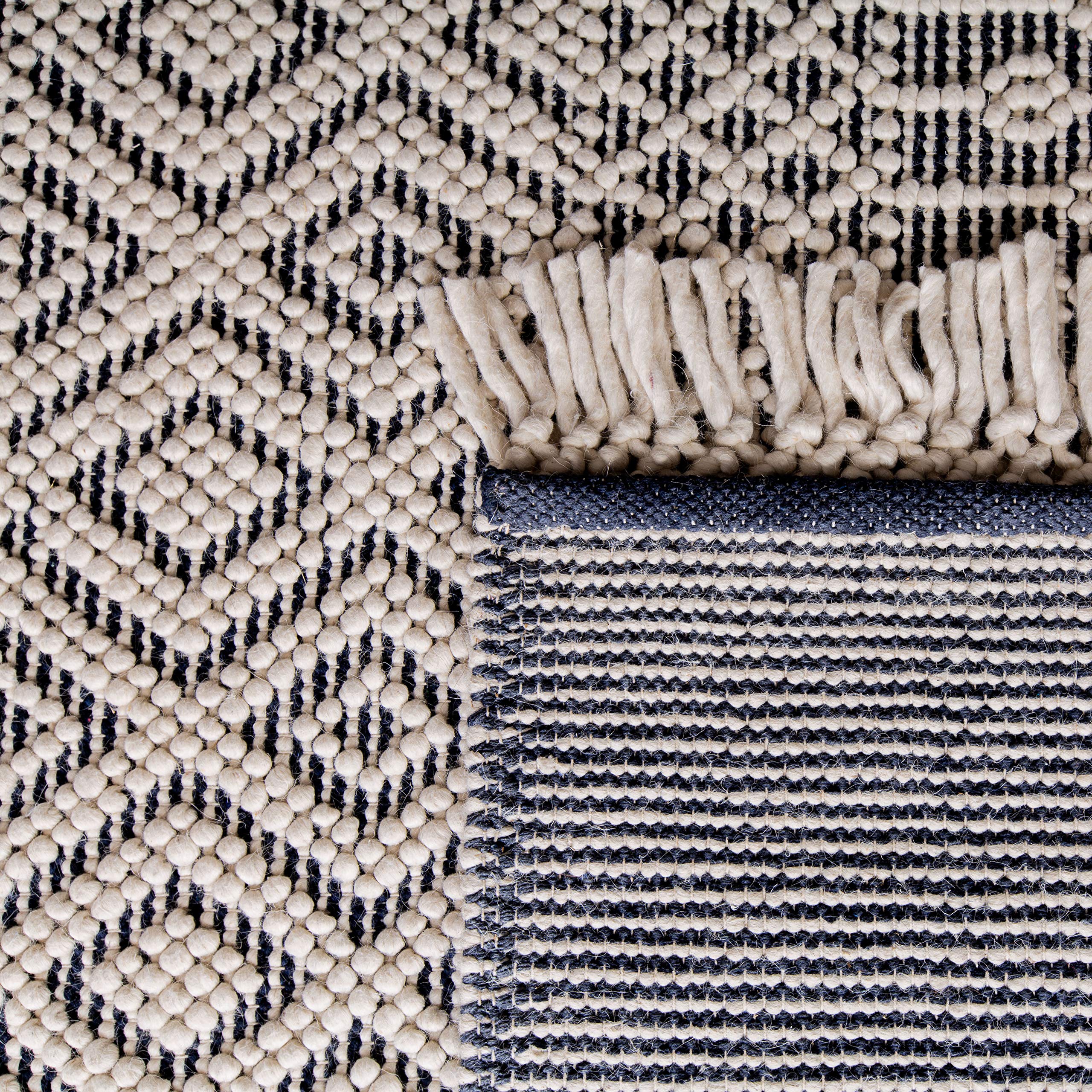 SAFAVIEH Natura Collection Area Rug - 5' x 8', Ivory & Navy, Handmade Moroccan Boho Wool Fringe, Ideal for High Traffic Areas in Living Room, Bedroom (NAT852N)