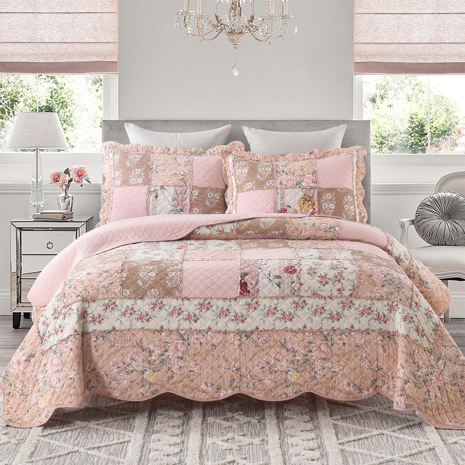 Yvooxny Quilts Queen Size Reversible Lightweight Bedspread 3-Piece Quilt Set Plaid Floral Patchwork 100% Cotton Queen Quilt Set Bedding Set with Pillow Shams for All Seasons, Azure Blue, 90x98''