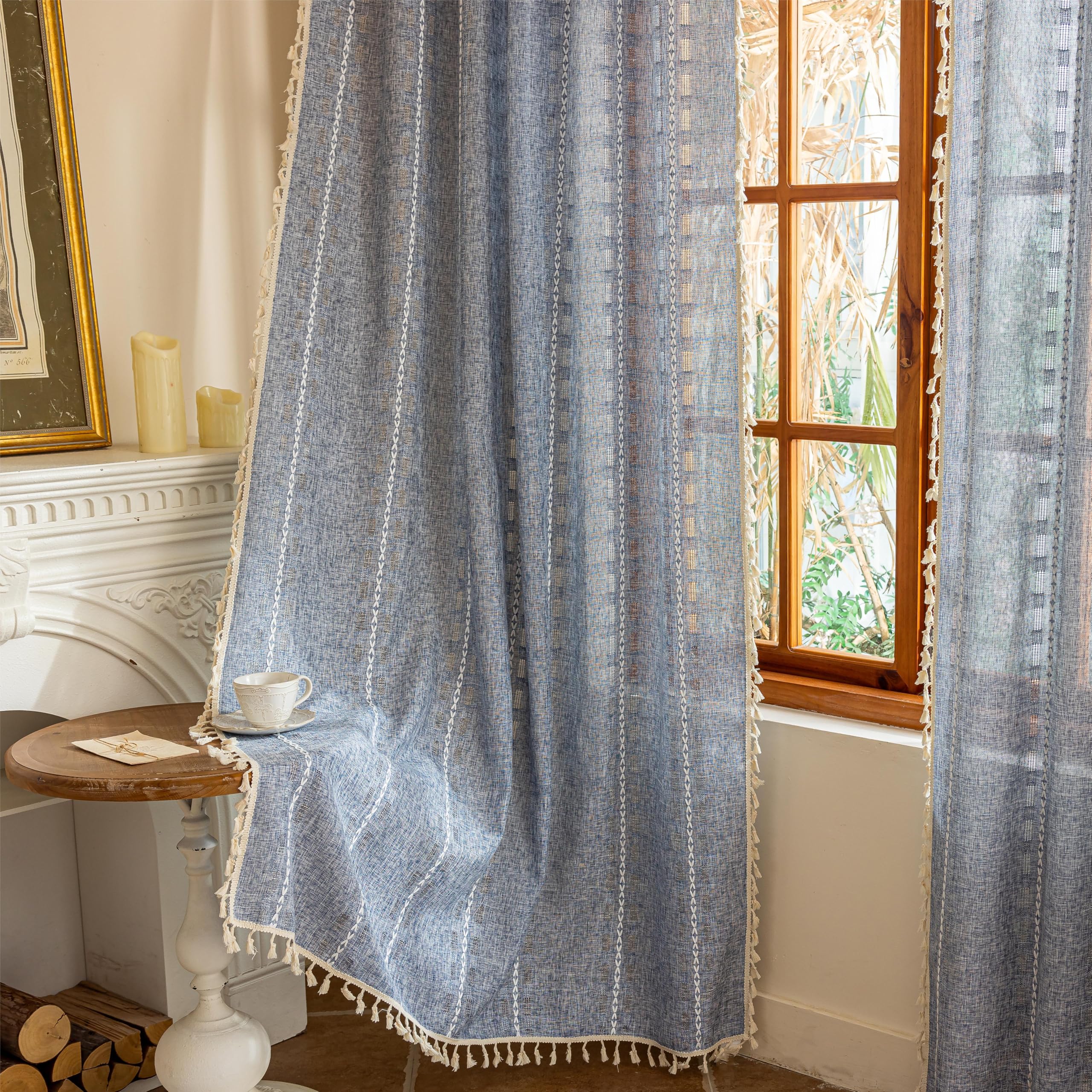 Blue Boho Sheer Curtains 72 inches Long 2 Panels for Bedroom, Light filtering Semi Sheer Bohemian French Country Privacy Tassels Vintage Chic Embroidery Stripes Window Curtains Back Tab, 50" W