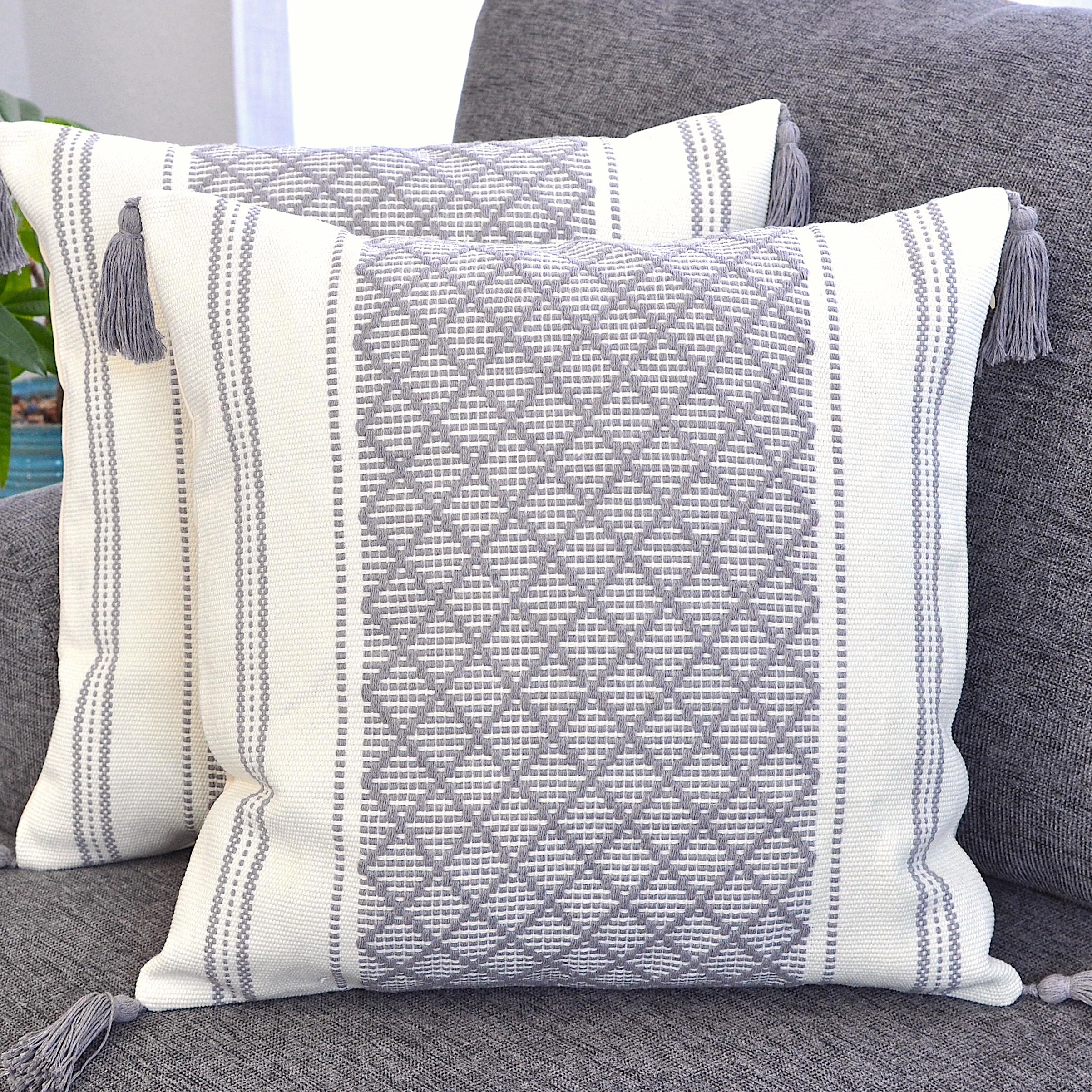 Boho Throw Pillow Covers with Tassels Navy Blue 16x16 inches Set of 2 Checkered Geometric Pattern/Decorative Square Pillow Covers for Couch Sofa Indoor Outdoor/Farmhouse Accent Pillow Cases