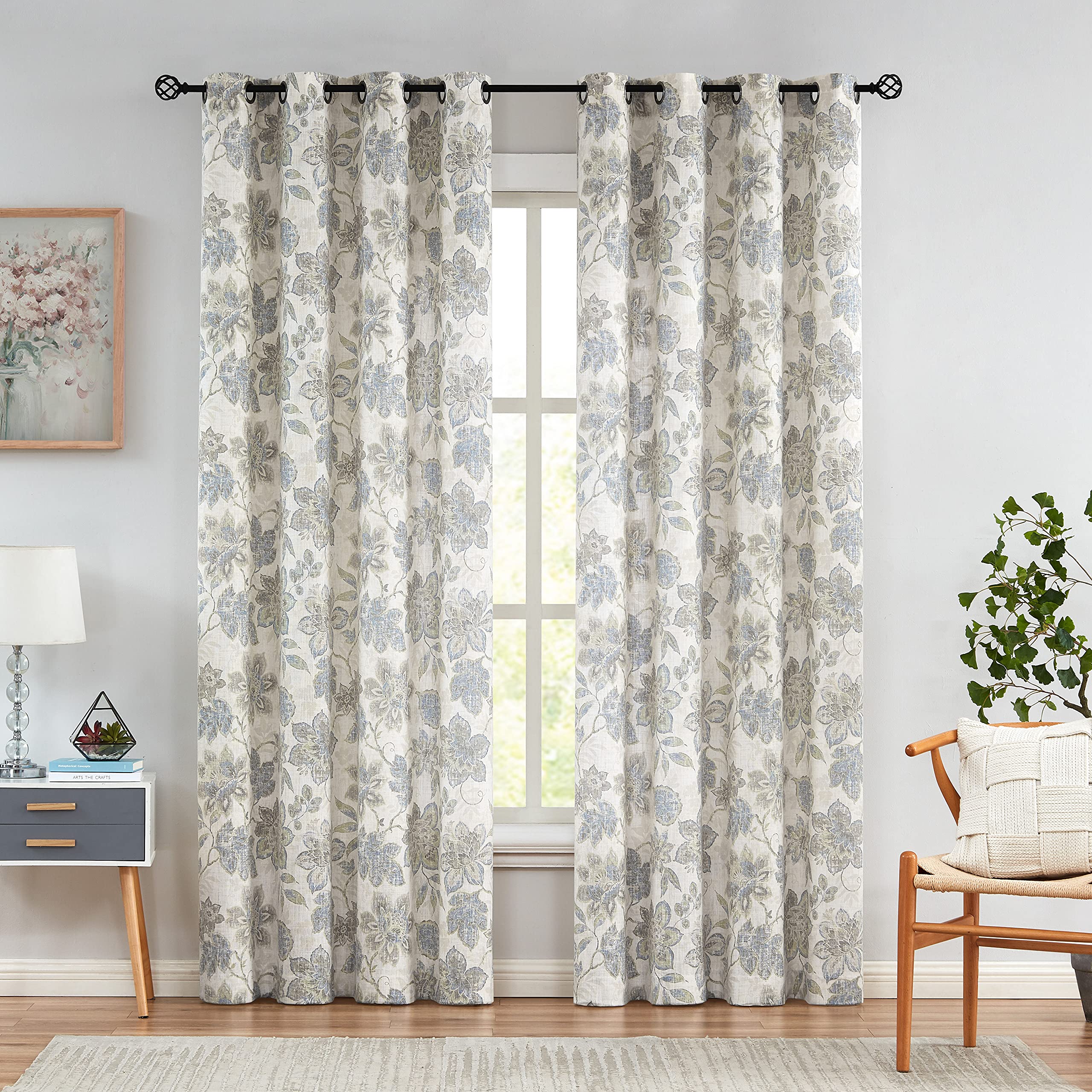 2 Panels Soft Green Linen Blend Sheer Curtains 58"x95", Grommet Light Filtering Drapes