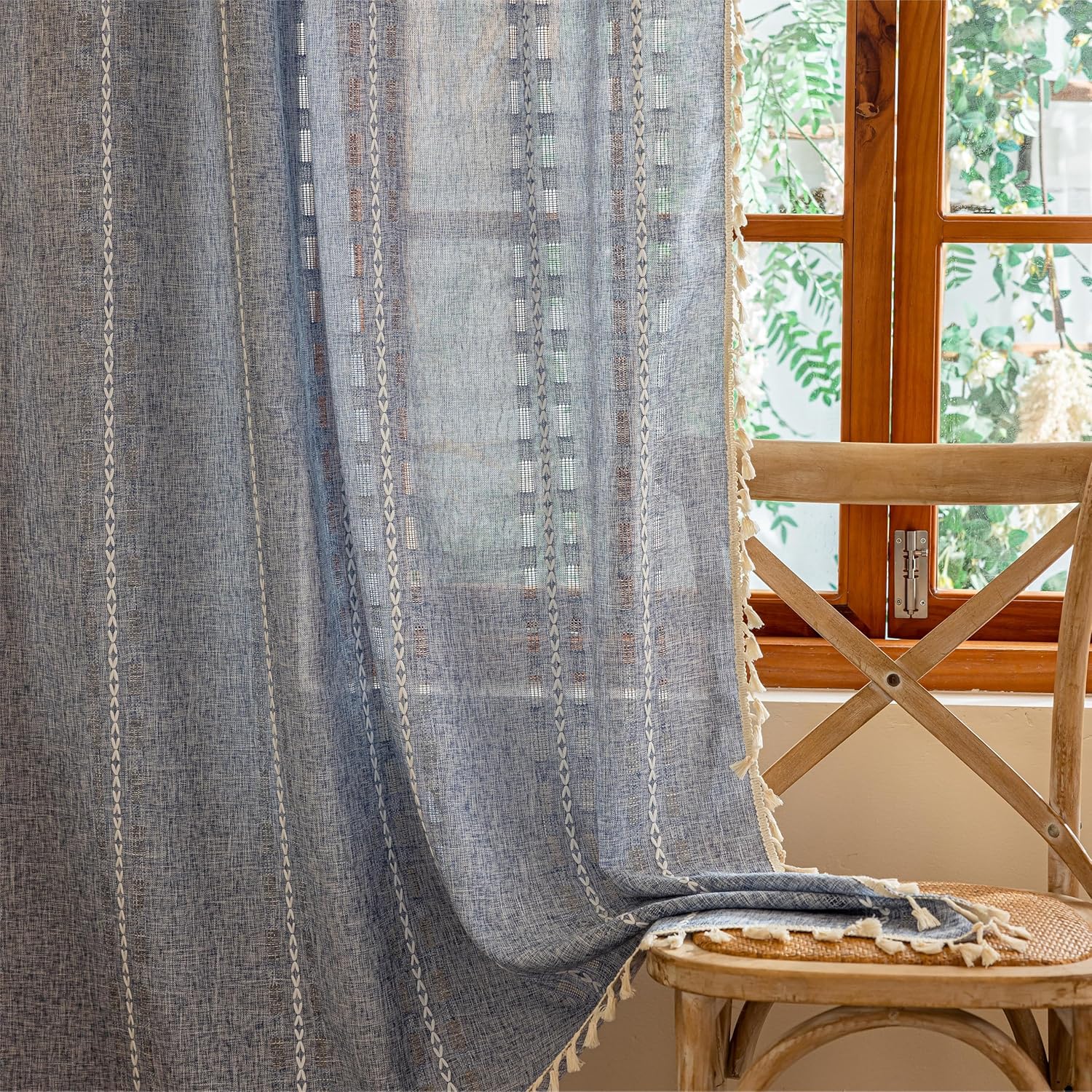 Blue Boho Sheer Curtains 72 inches Long 2 Panels for Bedroom, Light filtering Semi Sheer Bohemian French Country Privacy Tassels Vintage Chic Embroidery Stripes Window Curtains Back Tab, 50" W