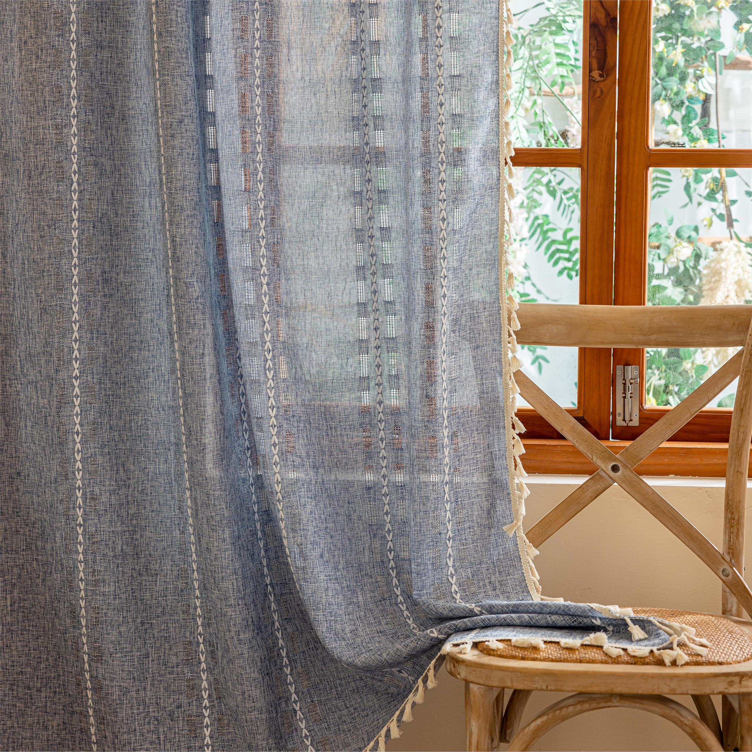 Blue Boho Sheer Curtains 72 inches Long 2 Panels for Bedroom, Light filtering Semi Sheer Bohemian French Country Privacy Tassels Vintage Chic Embroidery Stripes Window Curtains Back Tab, 50" W