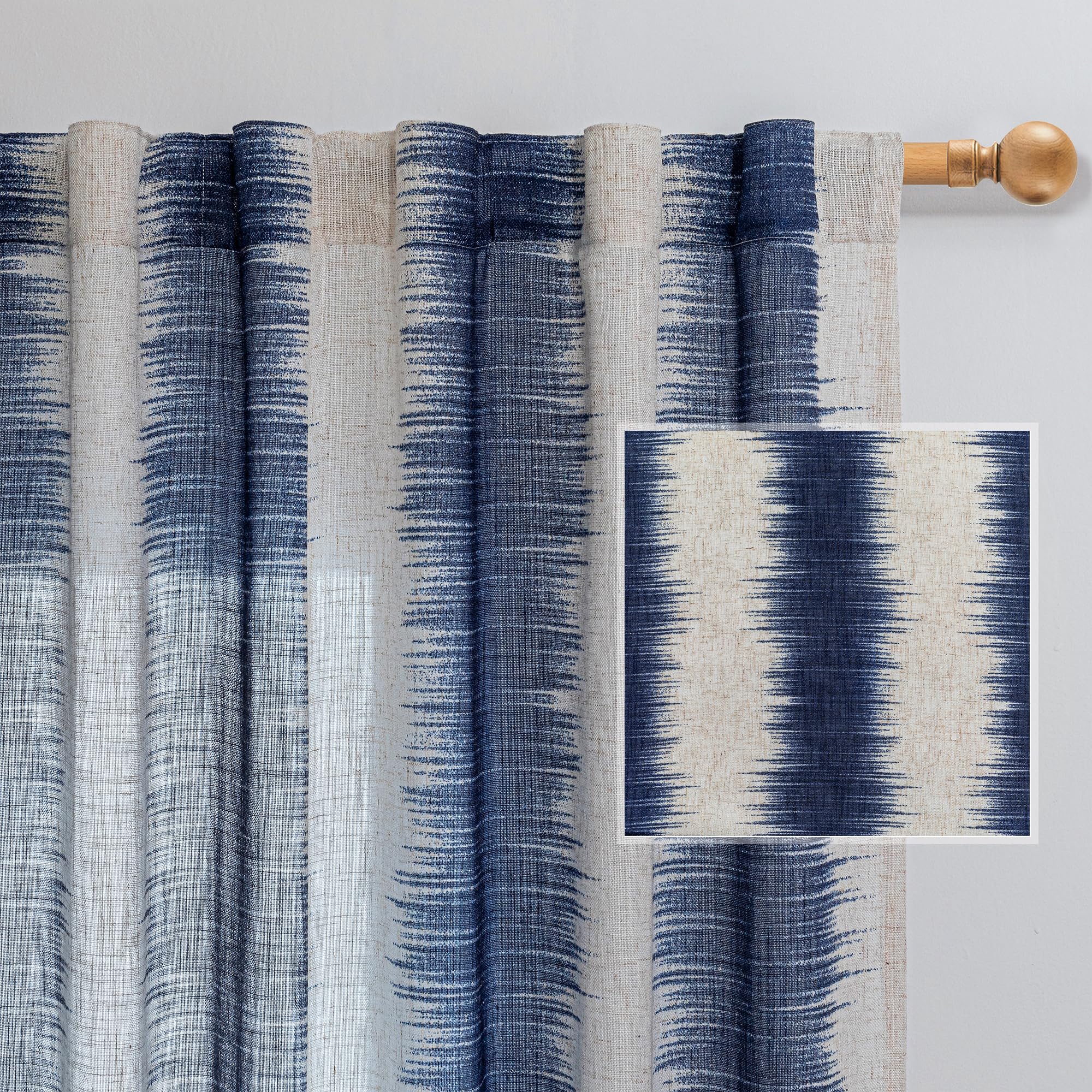 MYSKY HOME Sheer Curtains 84 Inches Long 2 Panels Linen Blended Farmhouse Curtains & Drapes for Living Room Bedroom, Light Filtering Privacy Curtains Floral Printed Classical Home Decor, Navy Blue(2)