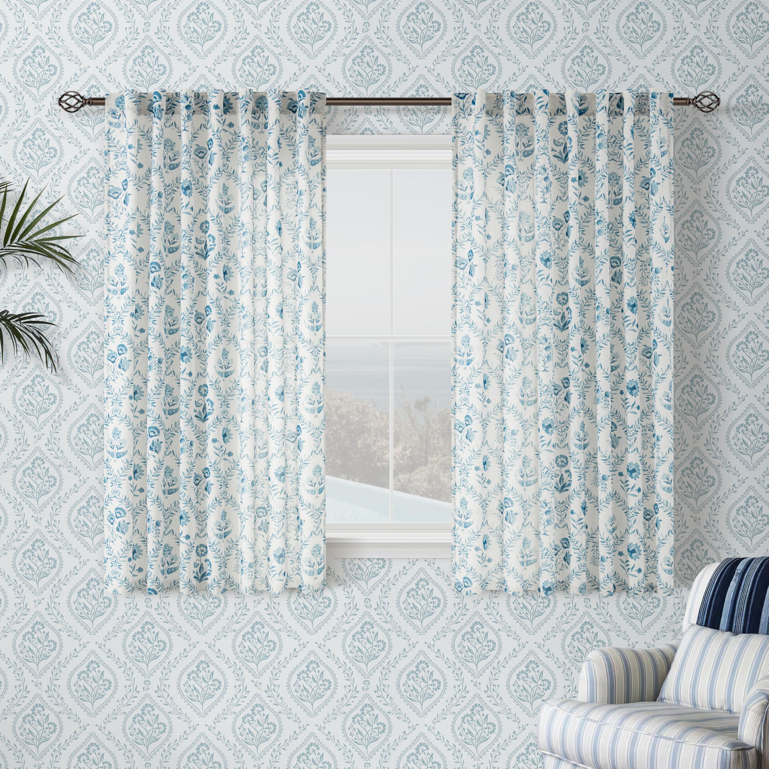 TWOPANELS Spring Farmhouse Floral Linen Curtains 84 Inch Length for Living Room Bedroom 2 Panels Semi Sheer Curtains Back Tab Tan Brown Patterned Flower on Beige Farmhouse Boho Rustic Window Drapes