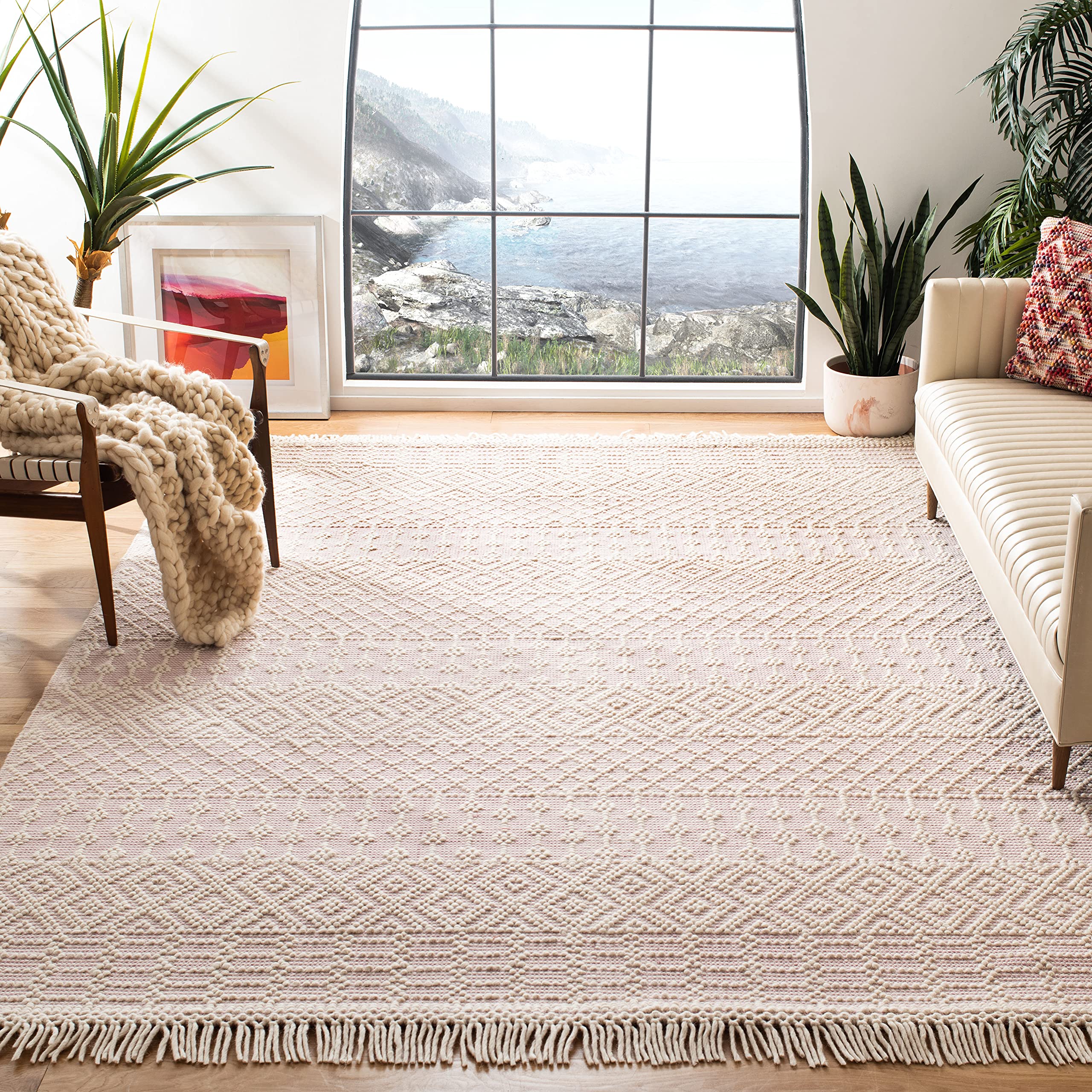 SAFAVIEH Natura Collection Area Rug - 5' x 8', Ivory & Navy, Handmade Moroccan Boho Wool Fringe, Ideal for High Traffic Areas in Living Room, Bedroom (NAT852N)