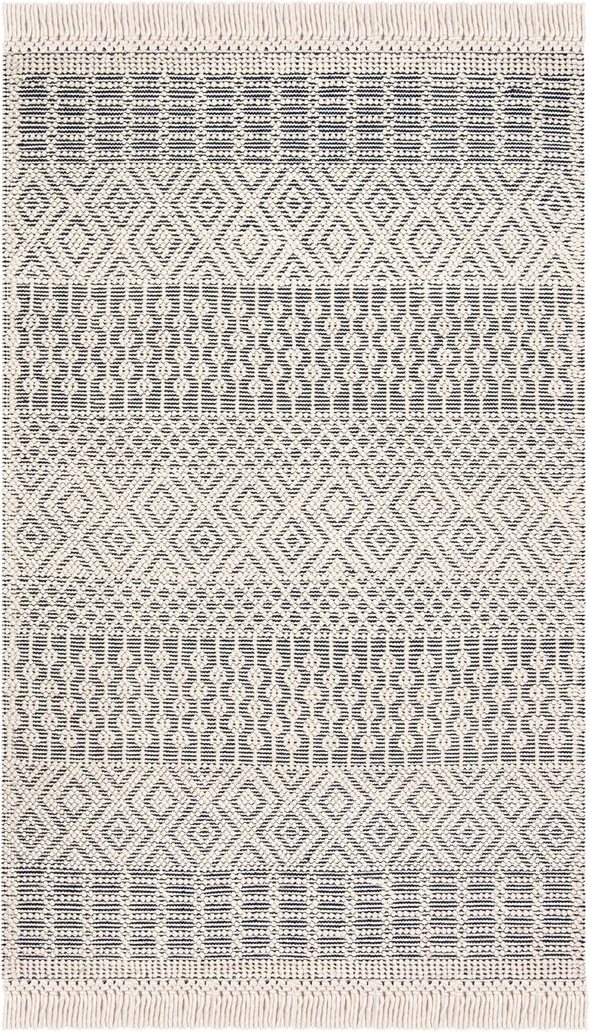 SAFAVIEH Natura Collection Area Rug - 5' x 8', Ivory & Navy, Handmade Moroccan Boho Wool Fringe, Ideal for High Traffic Areas in Living Room, Bedroom (NAT852N)
