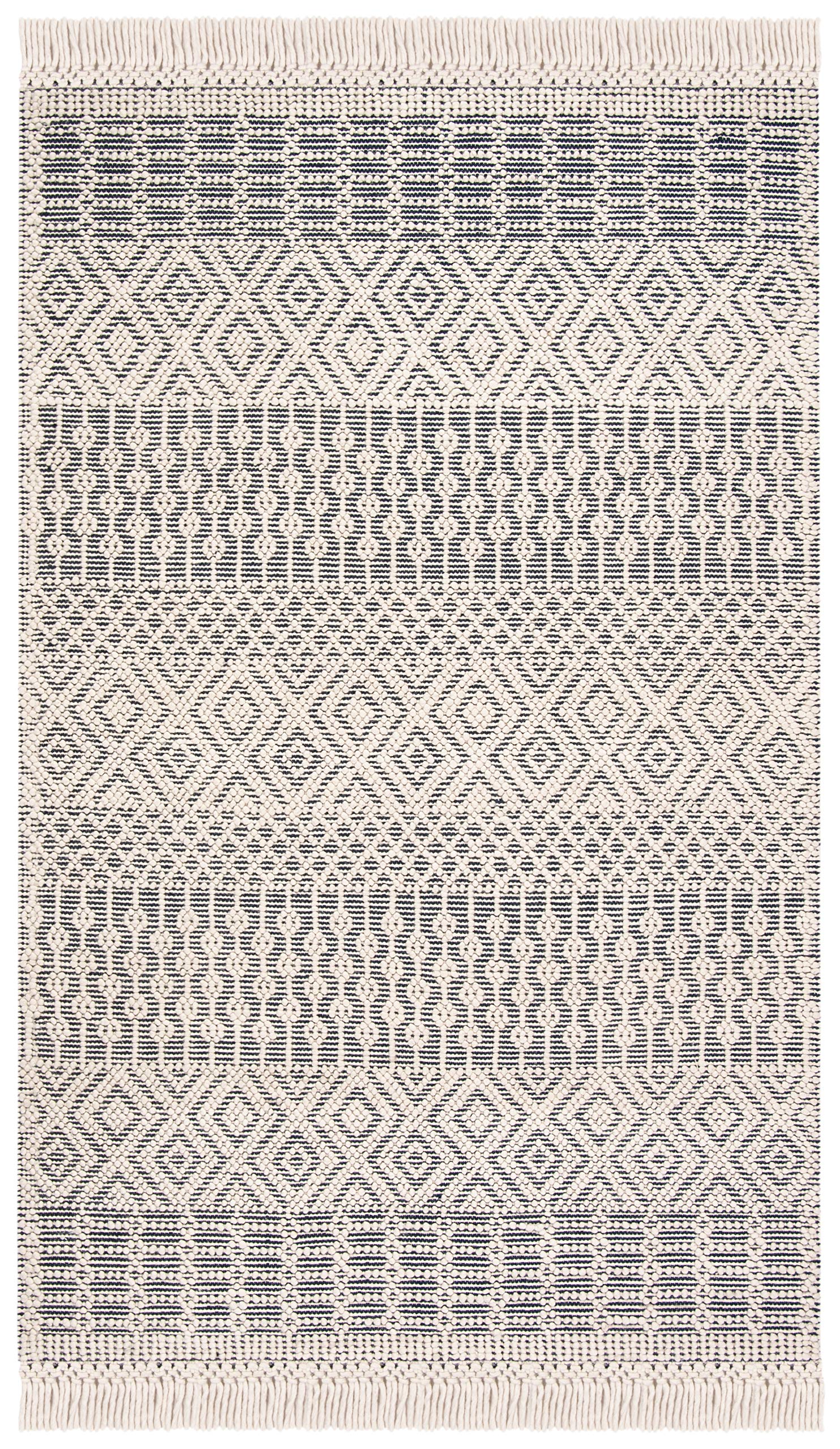 SAFAVIEH Natura Collection Area Rug - 5' x 8', Ivory & Navy, Handmade Moroccan Boho Wool Fringe, Ideal for High Traffic Areas in Living Room, Bedroom (NAT852N)