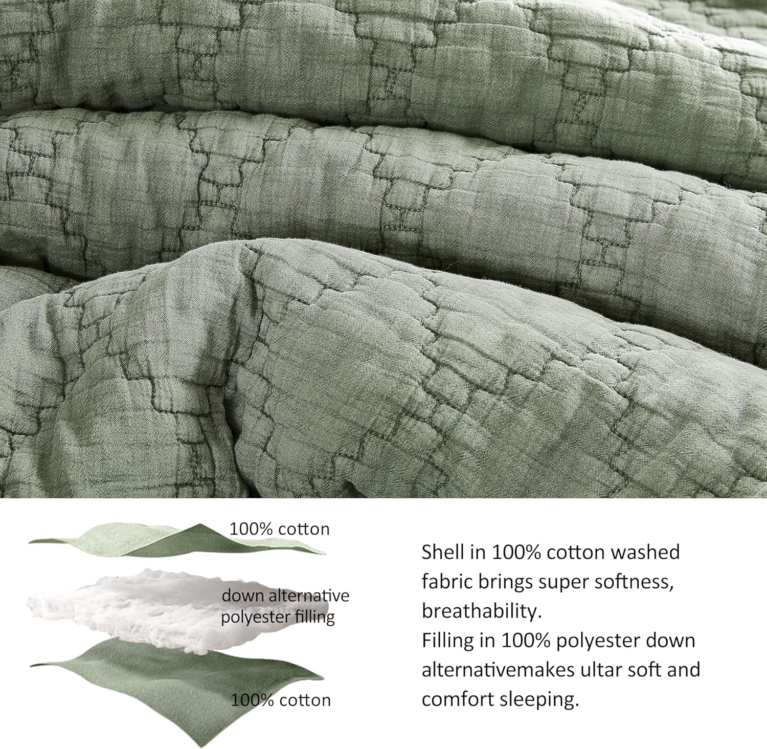 palassio Olive Green Queen Size Quilt Set, Muslin Cotton Shell Down-Alt Poly Filling, Soft Shabby Chic Rustic Farmhouse Country Bedspread, Textured Gauze Coverlet, Lightweight Bedding, 2 Shams